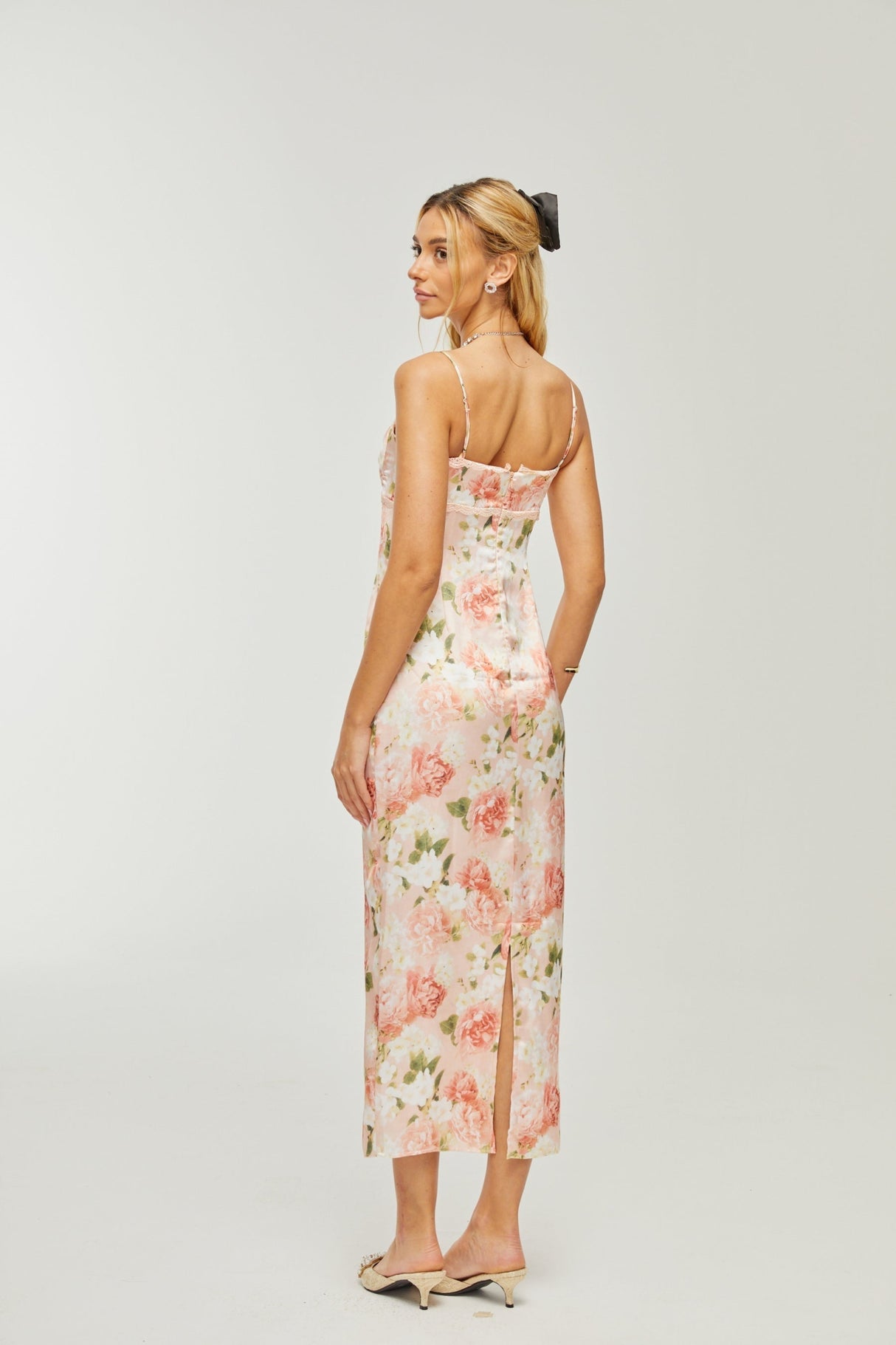 Skye Floral Maxi Dress in Pink Satin with Spaghetti Straps and Rear Slit