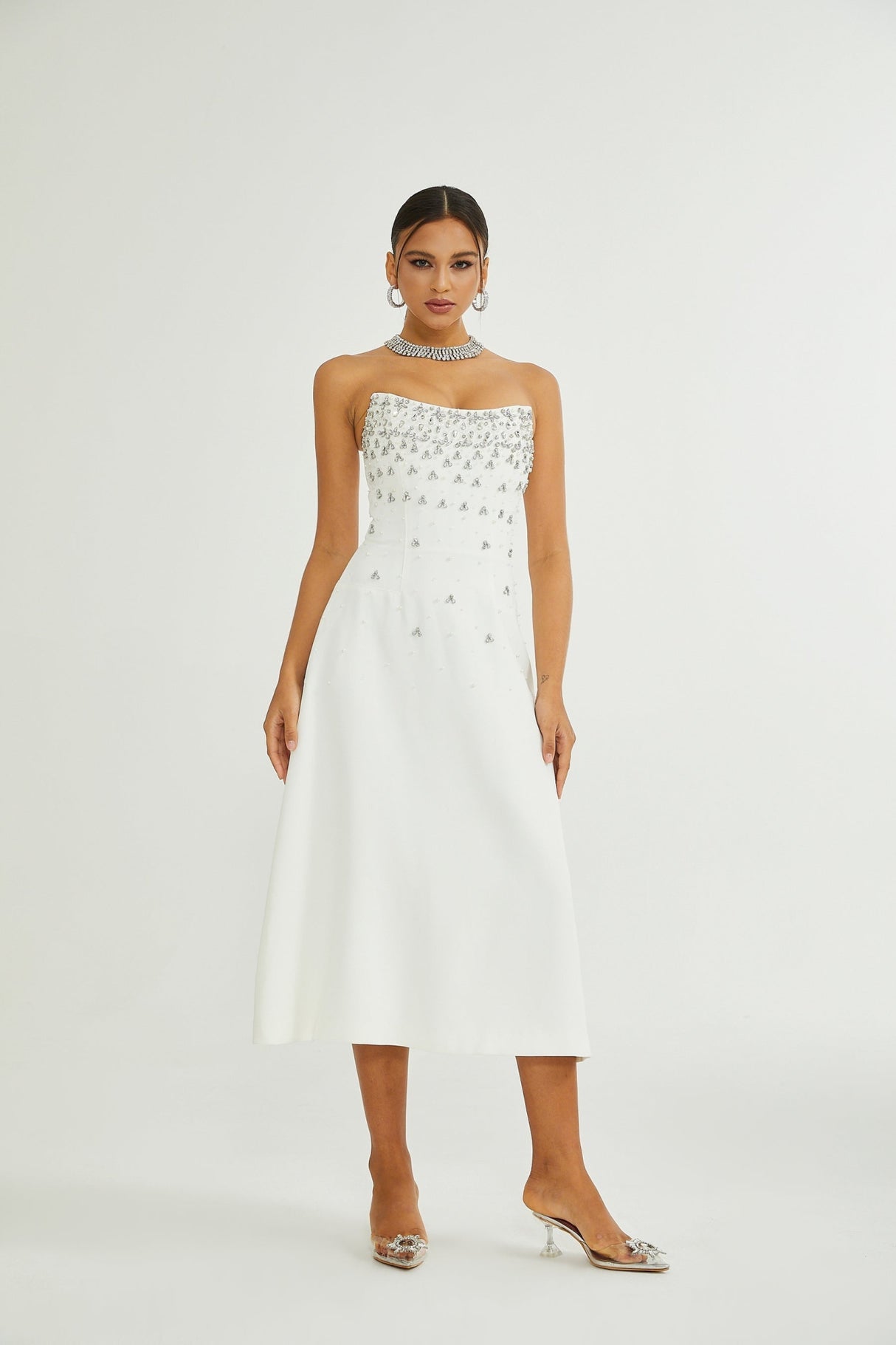 Skye Midi Dress White Off Shoulder Embellished Zip Fastening