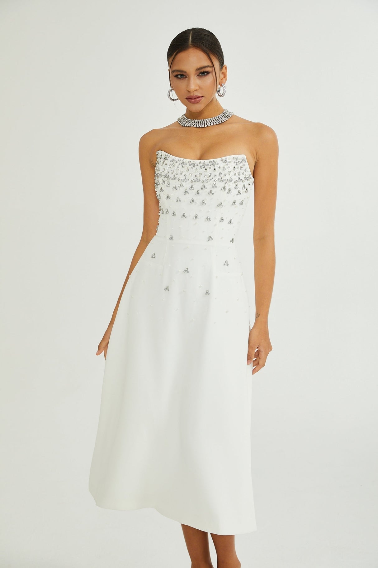 Skye Midi Dress White Off Shoulder Embellished Zip Fastening