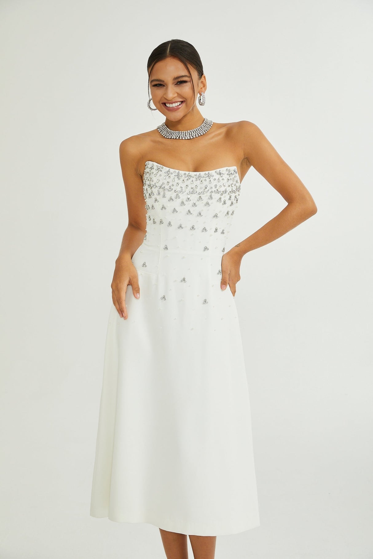 Skye Midi Dress White Off Shoulder Embellished Zip Fastening