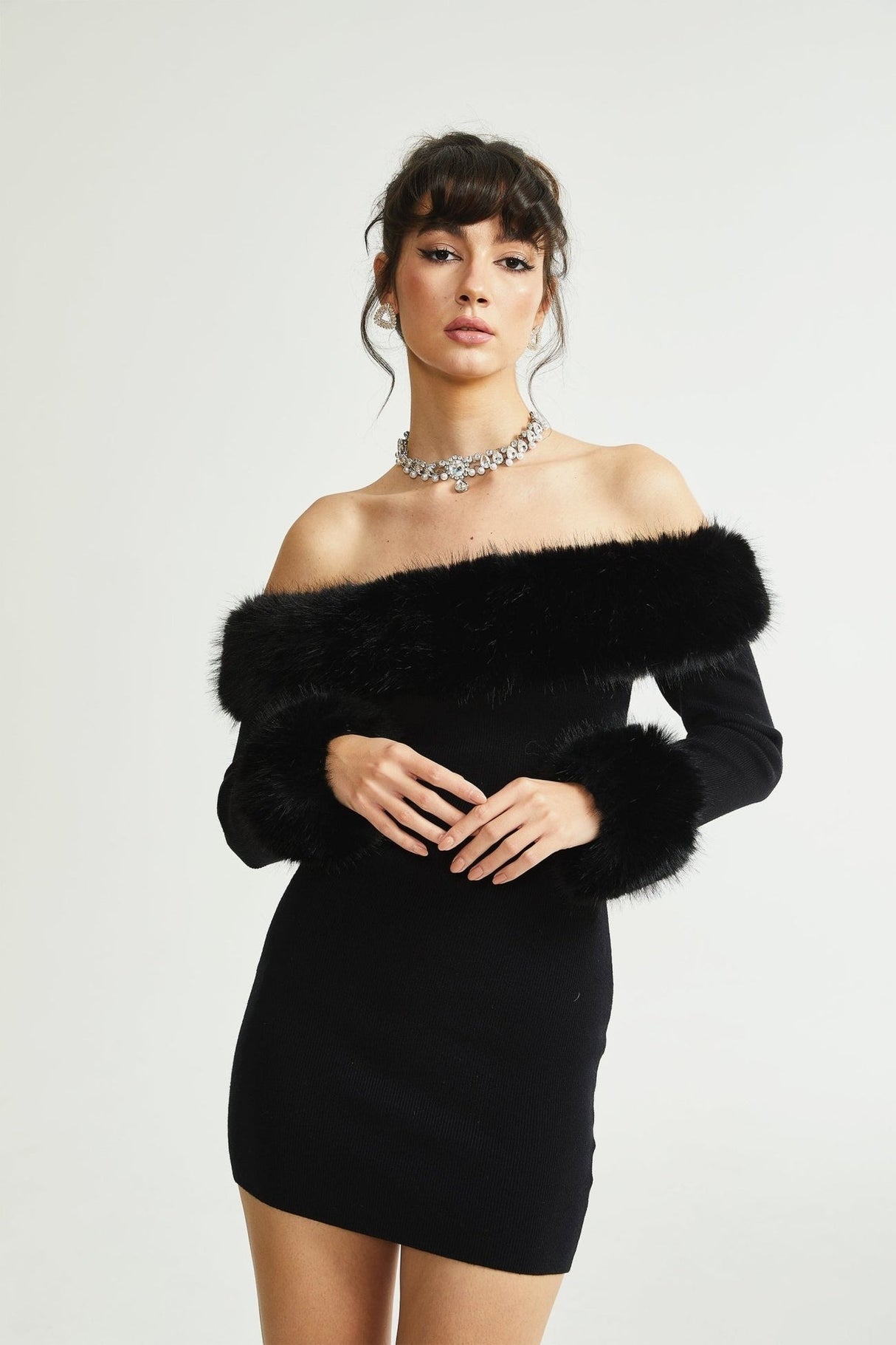 Skylar Dress Black Off - Shoulder Faux - Fur Mini