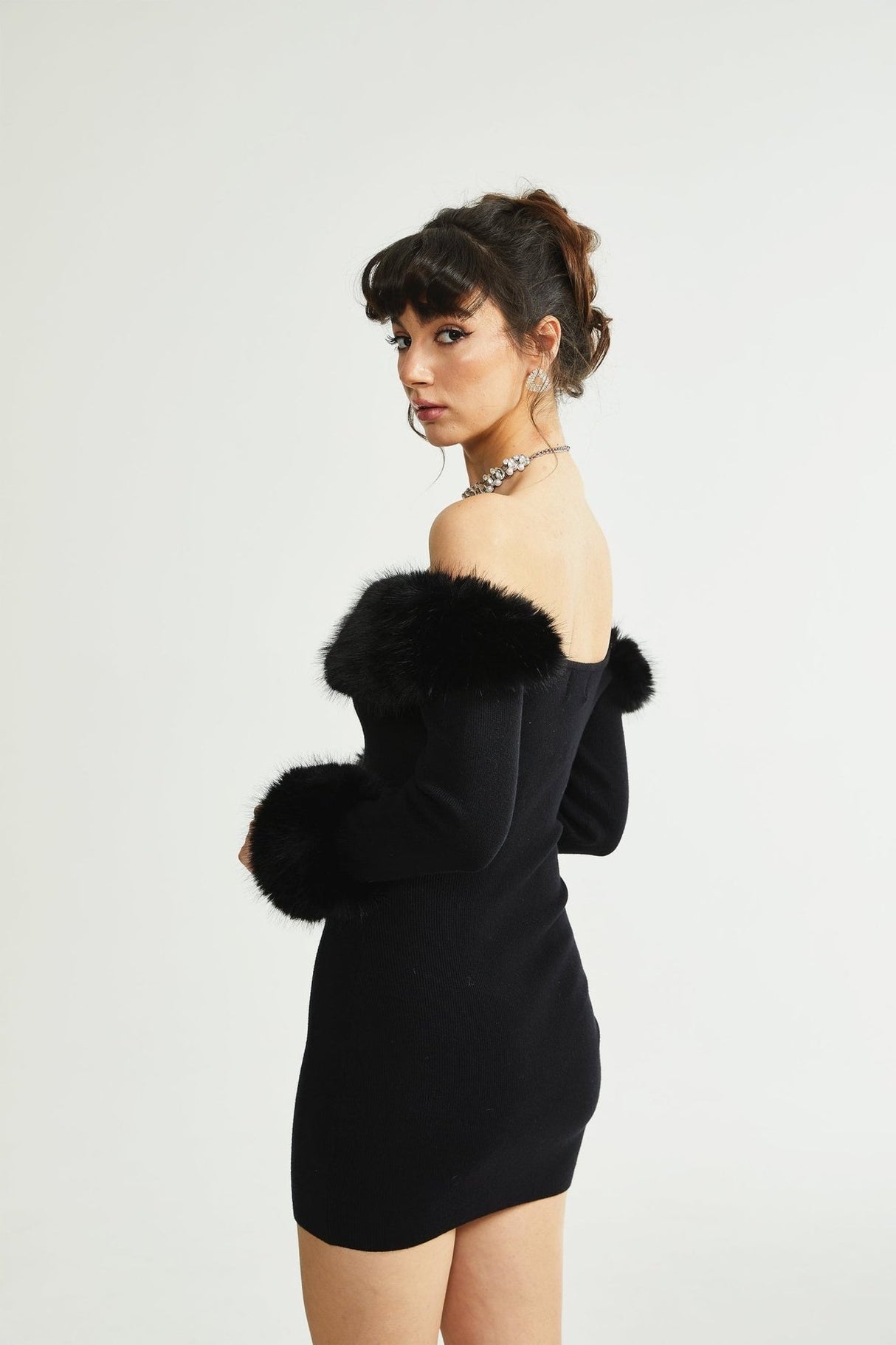 Skylar Dress Black Off - Shoulder Faux - Fur Mini