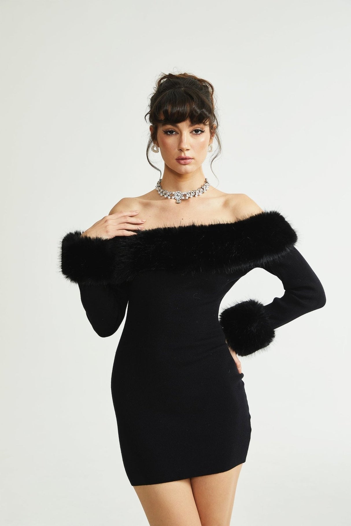 Skylar Dress Black Off - Shoulder Faux - Fur Mini