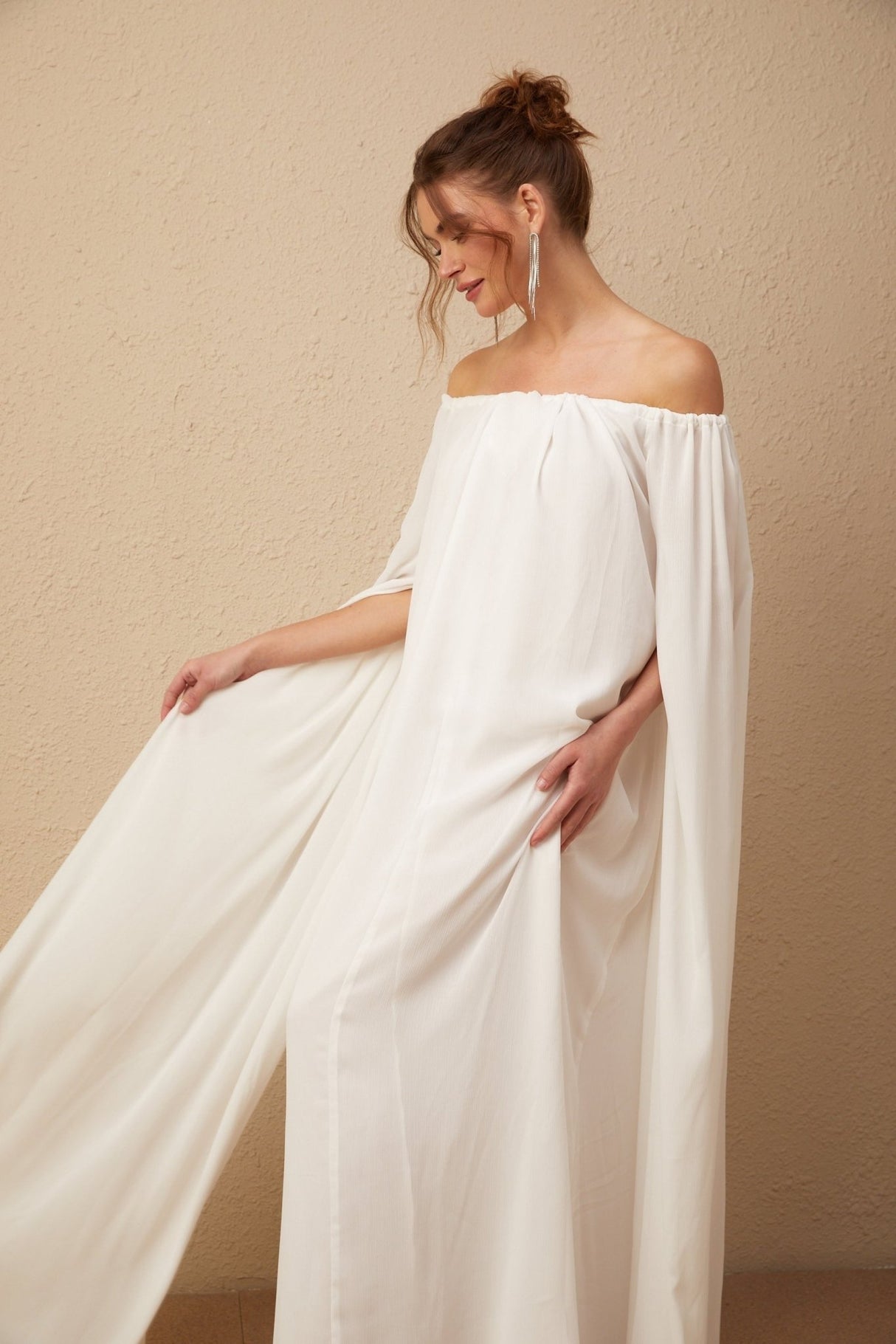 Skylar Maxi Dress in Pristine White with Cape & Draped Tulle Design