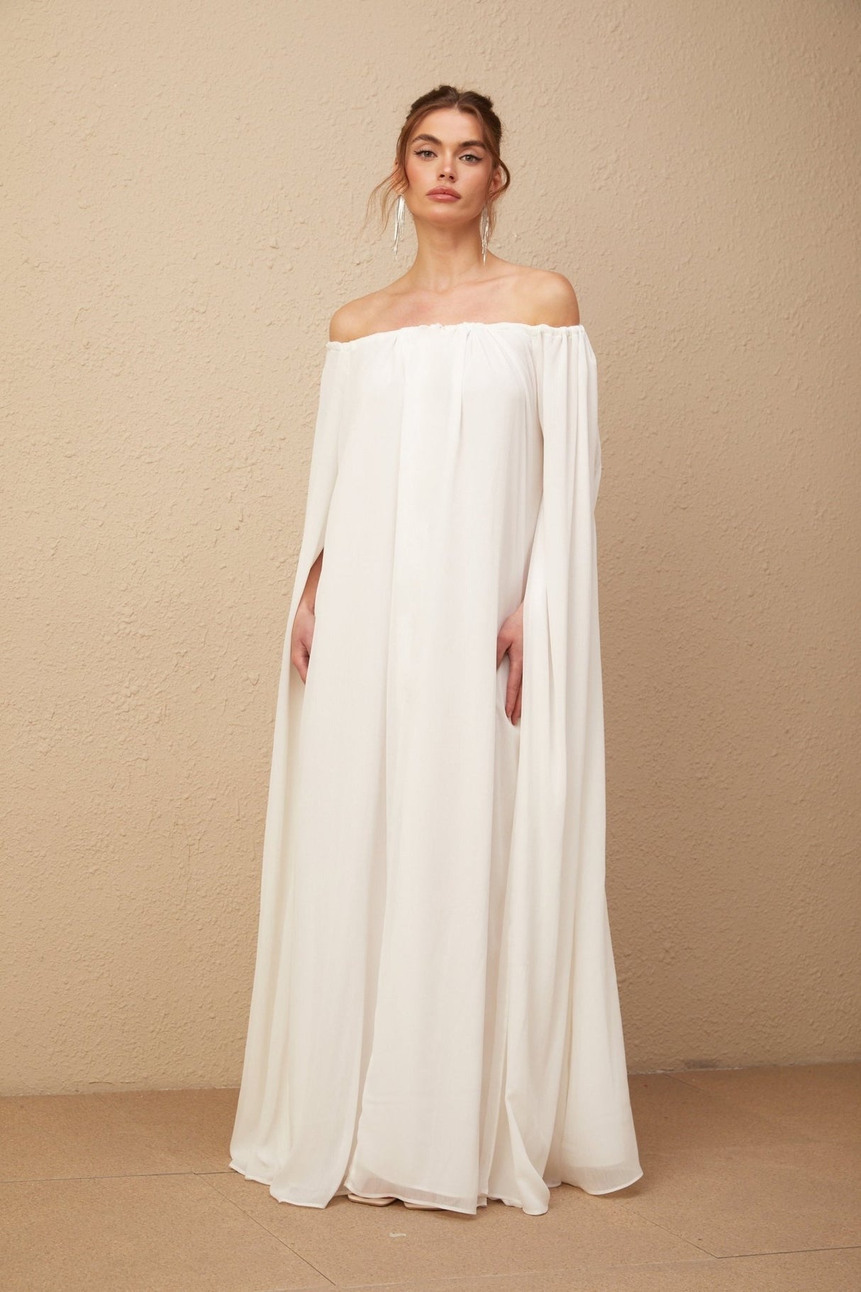Skylar Maxi Dress in Pristine White with Cape & Draped Tulle Design