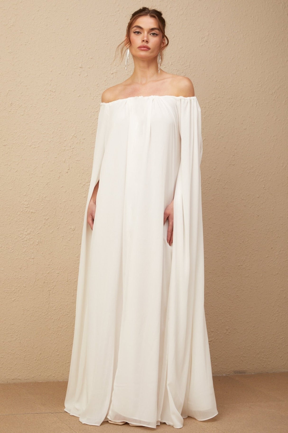 Skylar Maxi Dress in Pristine White with Cape & Draped Tulle Design