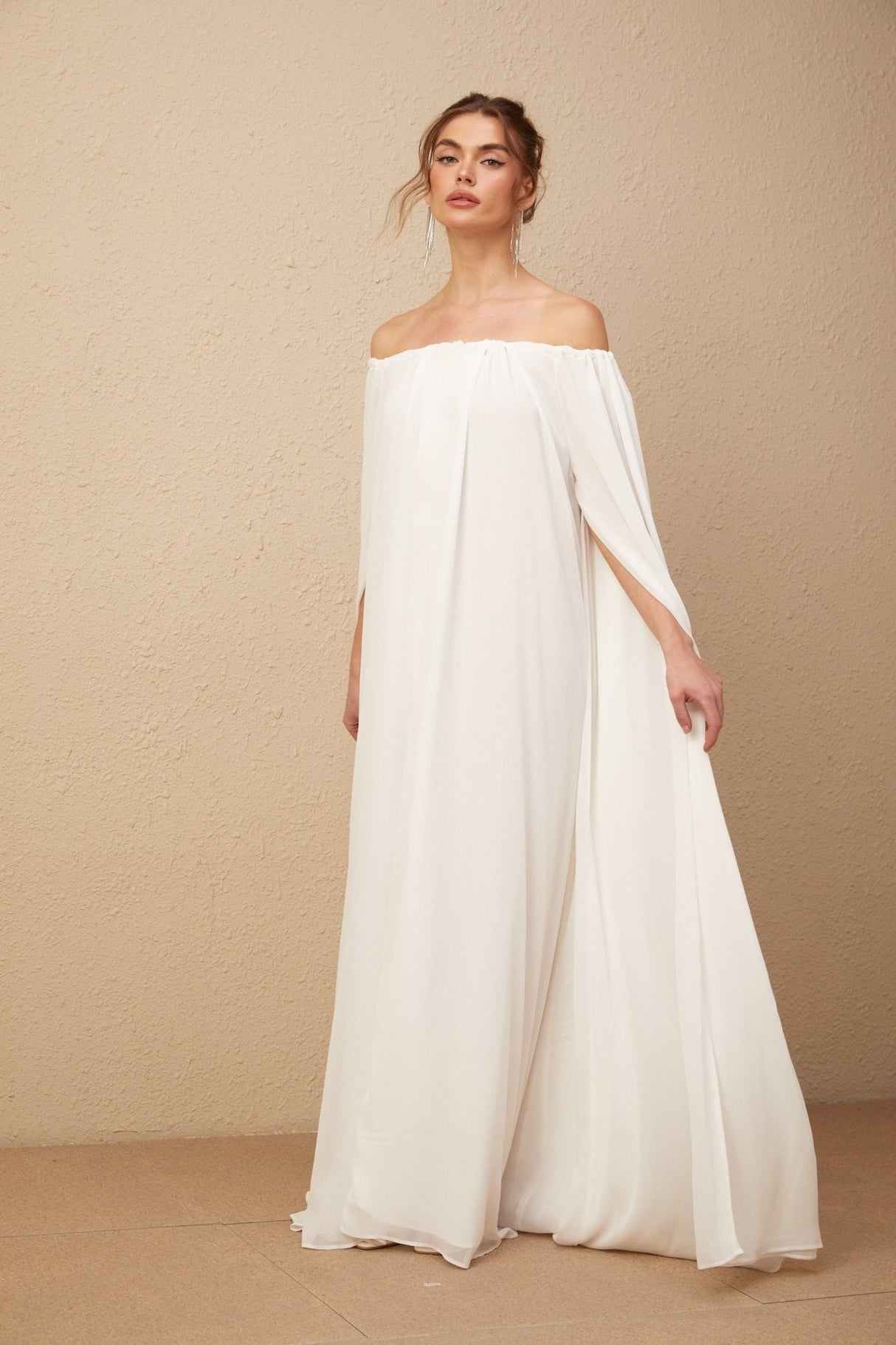 Skylar Maxi Dress in Pristine White with Cape & Draped Tulle Design