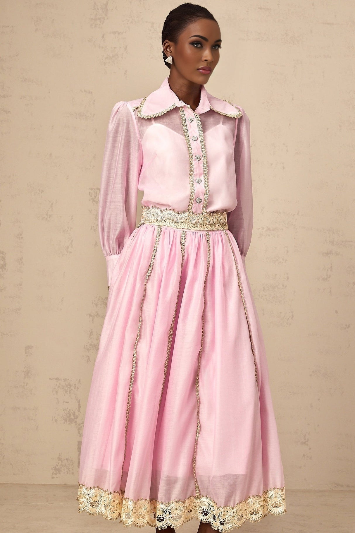 Sloan Blouse & Skirt Pink Lace Trim Matching Set