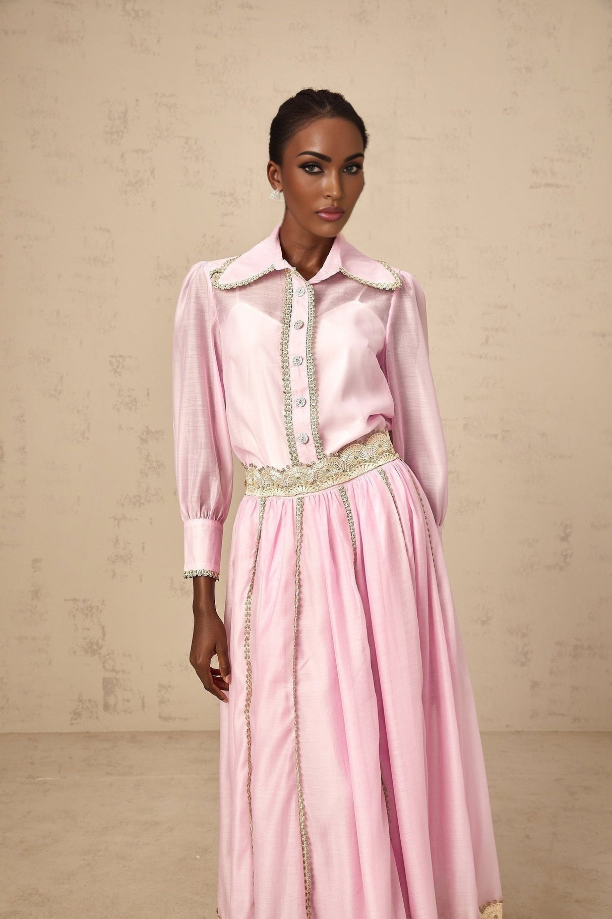 Sloan Blouse & Skirt Pink Lace Trim Matching Set