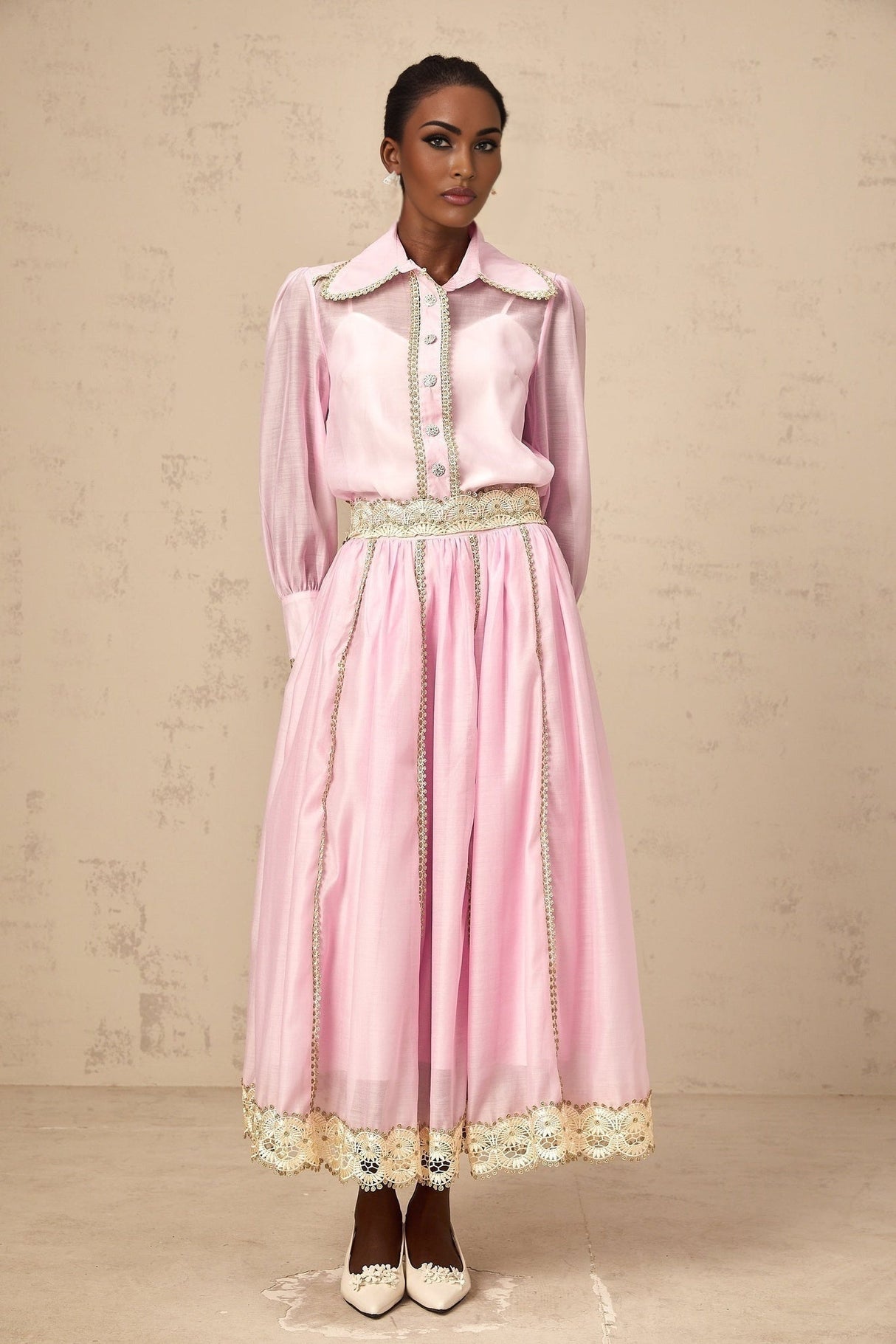Sloan Blouse & Skirt Pink Lace Trim Matching Set