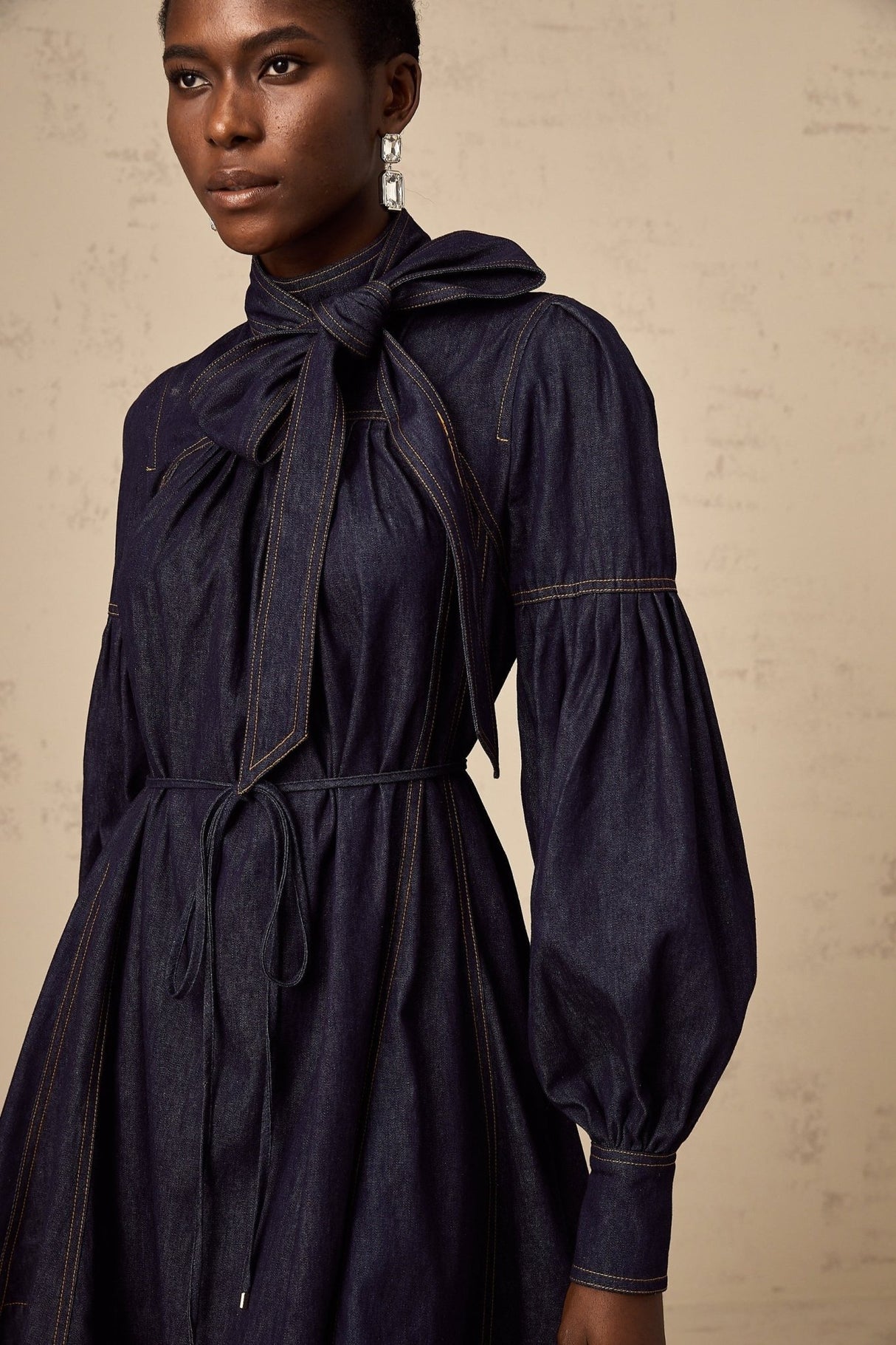 Sloan Denim Mini Dress with Contrast Stitch & Flare Trim