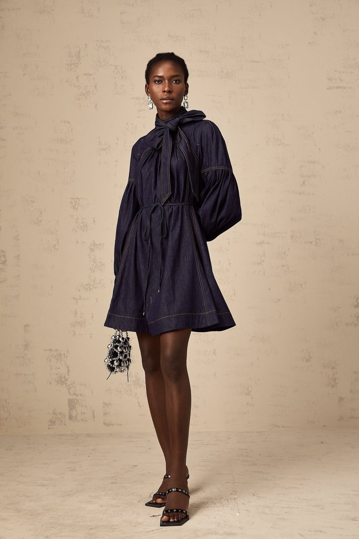 Sloan Denim Mini Dress with Contrast Stitch & Flare Trim