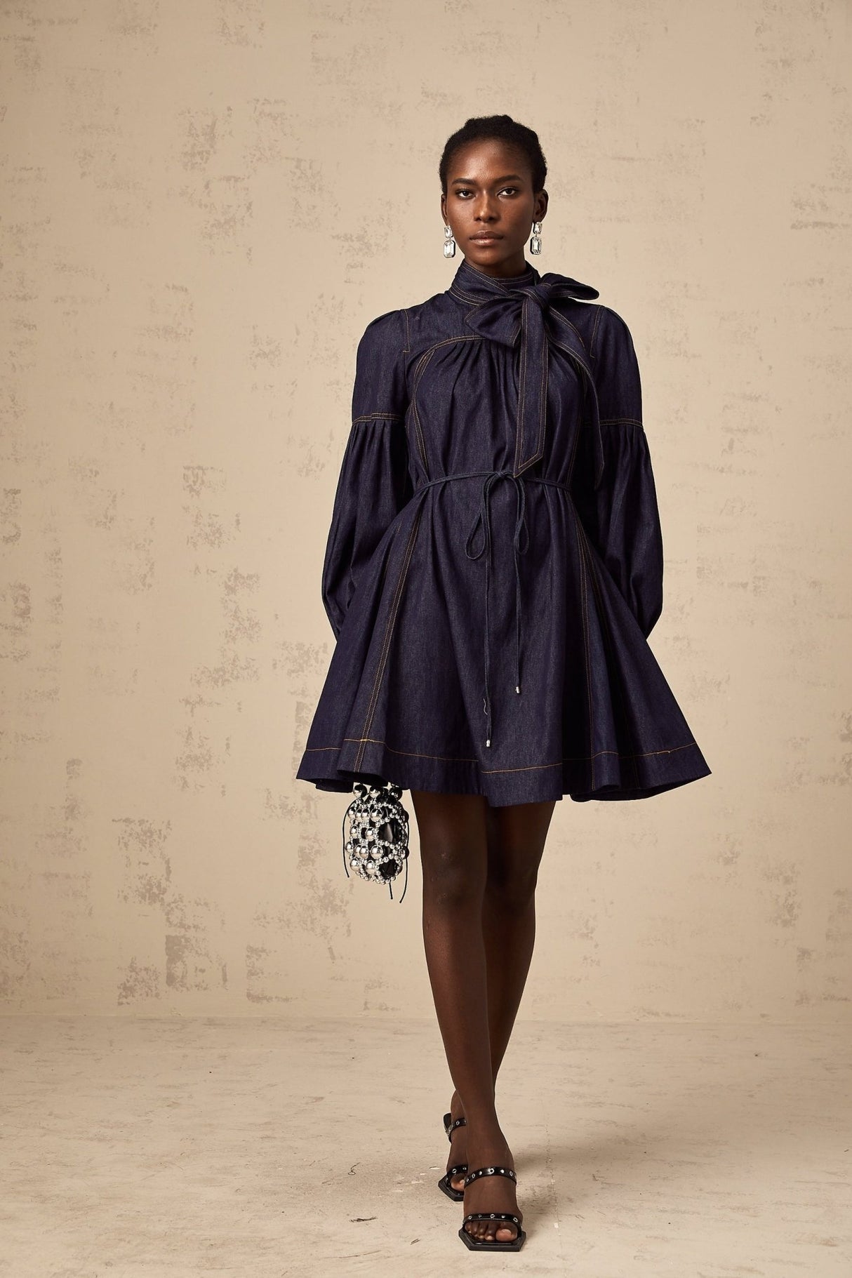 Sloan Denim Mini Dress with Contrast Stitch & Flare Trim