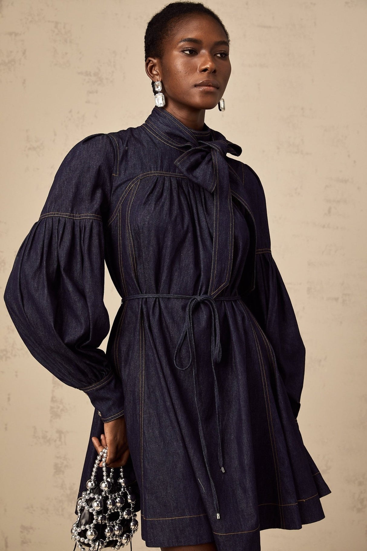 Sloan Denim Mini Dress with Contrast Stitch & Flare Trim