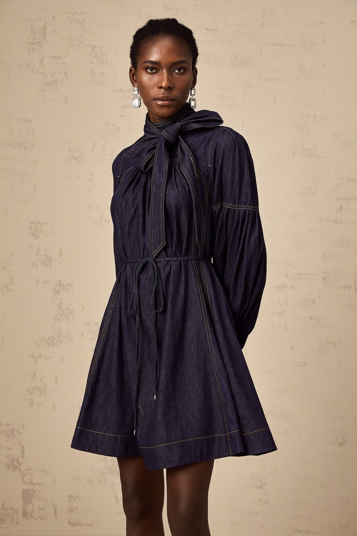 Sloan Denim Mini Dress with Contrast Stitch & Flare Trim