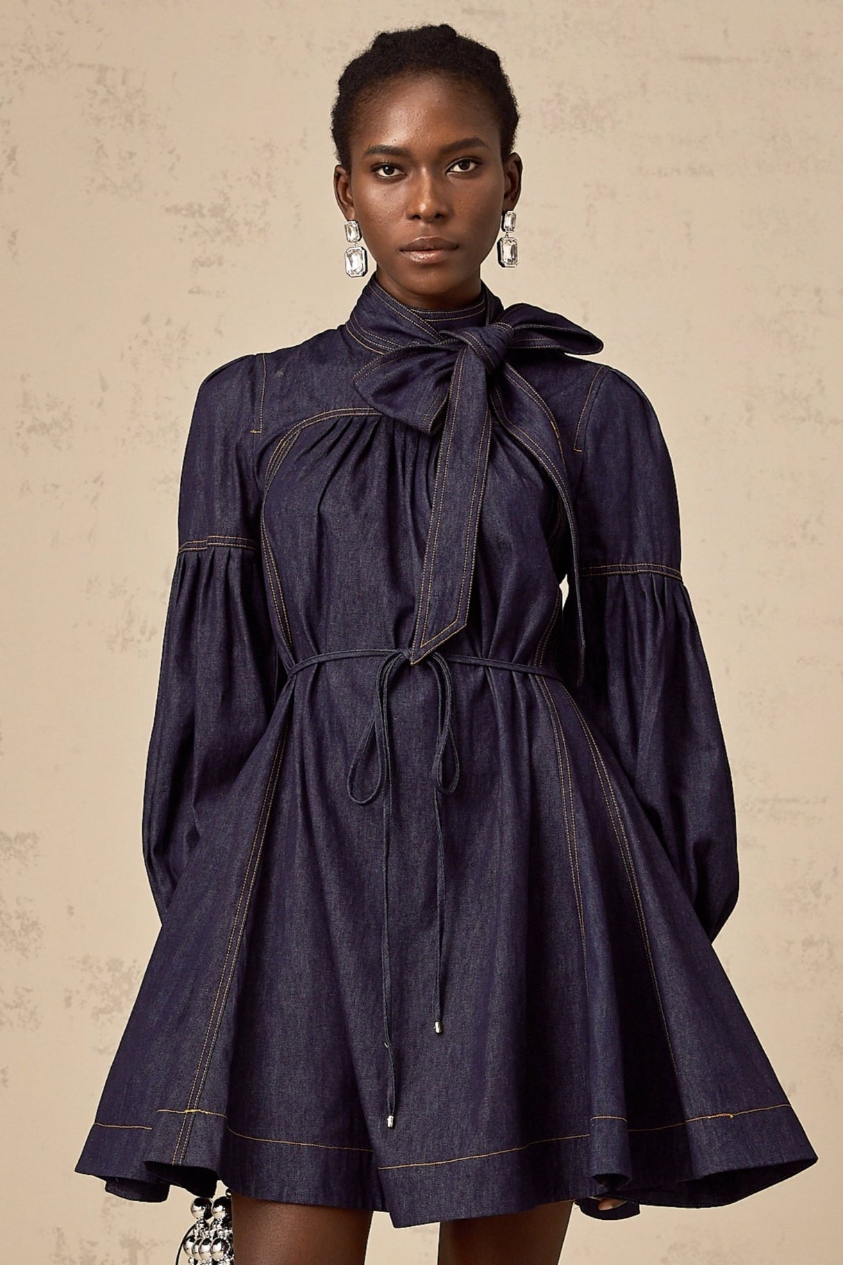 Sloan Denim Mini Dress with Contrast Stitch & Flare Trim