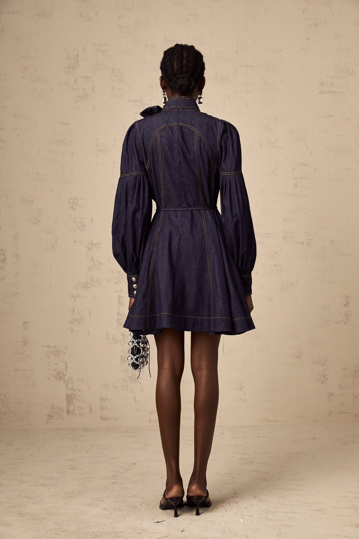 Sloan Denim Mini Dress with Contrast Stitch & Flare Trim