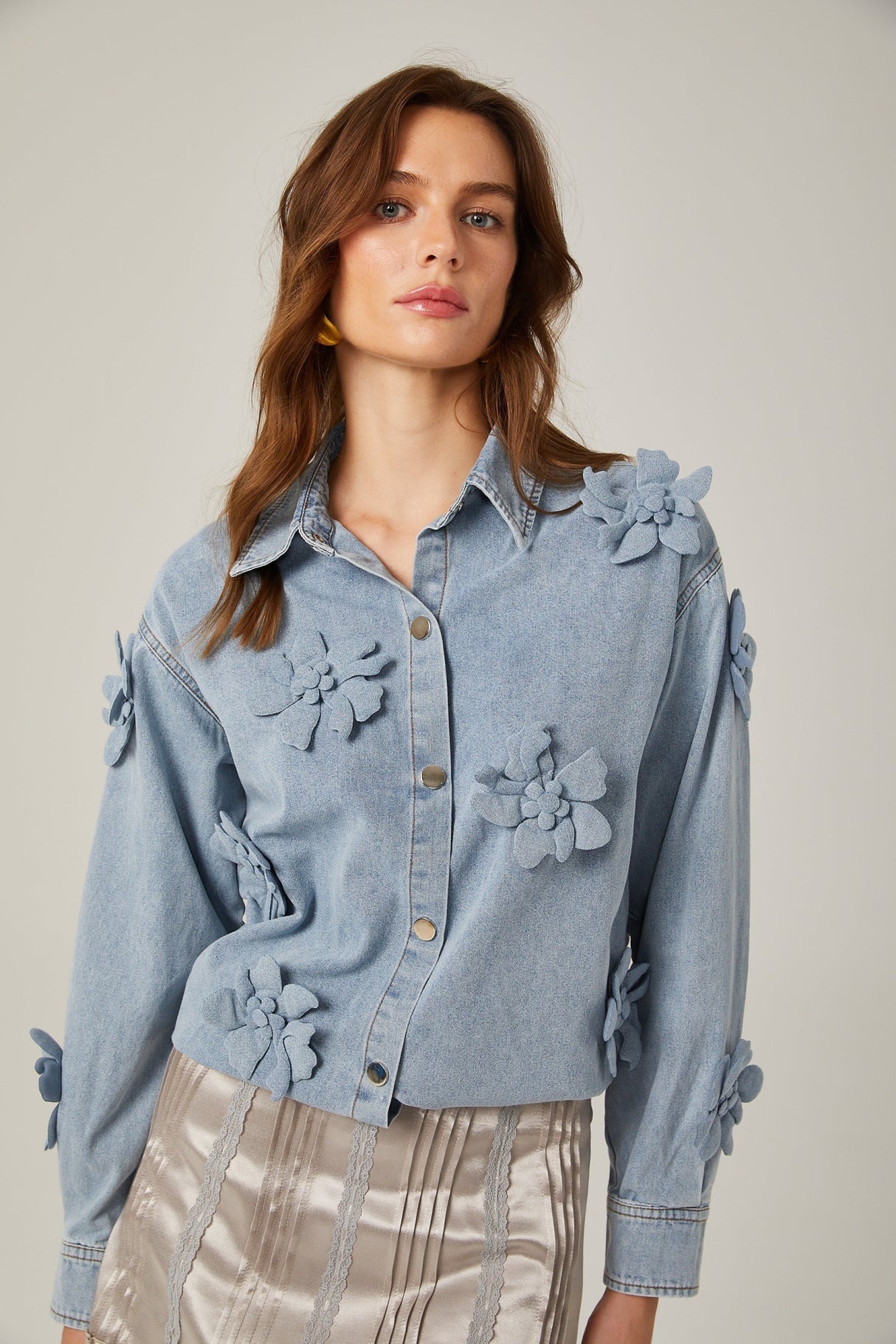 Sloan Denim Shirt with Floral Applique