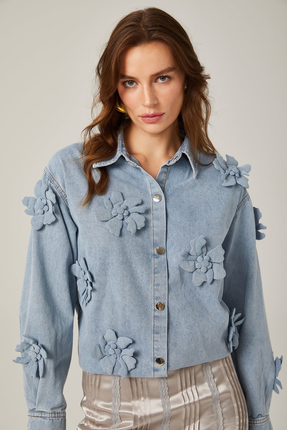 Sloan Denim Shirt with Floral Applique