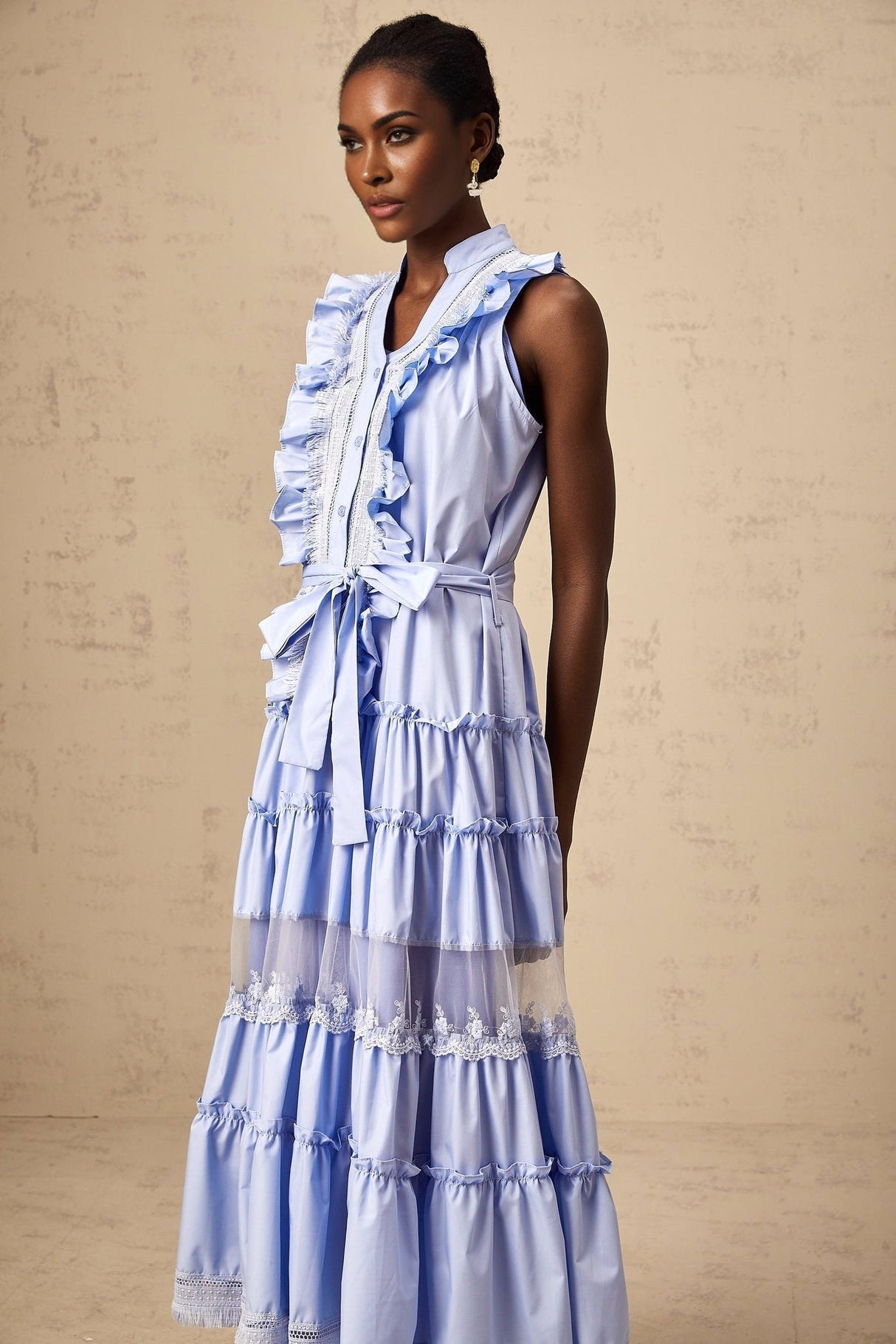 Sloan Floral Midi Dress in Vibrant Blue with Ruffled & Tiered Design