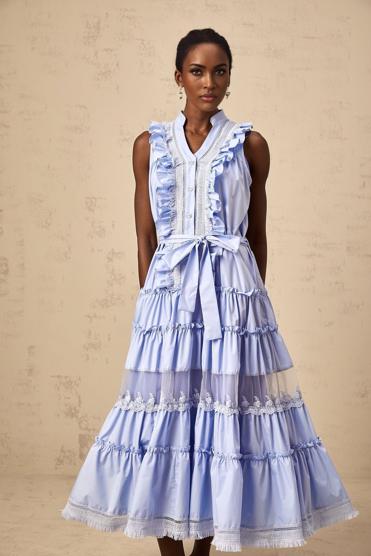 Sloan Floral Midi Dress in Vibrant Blue with Ruffled & Tiered Design