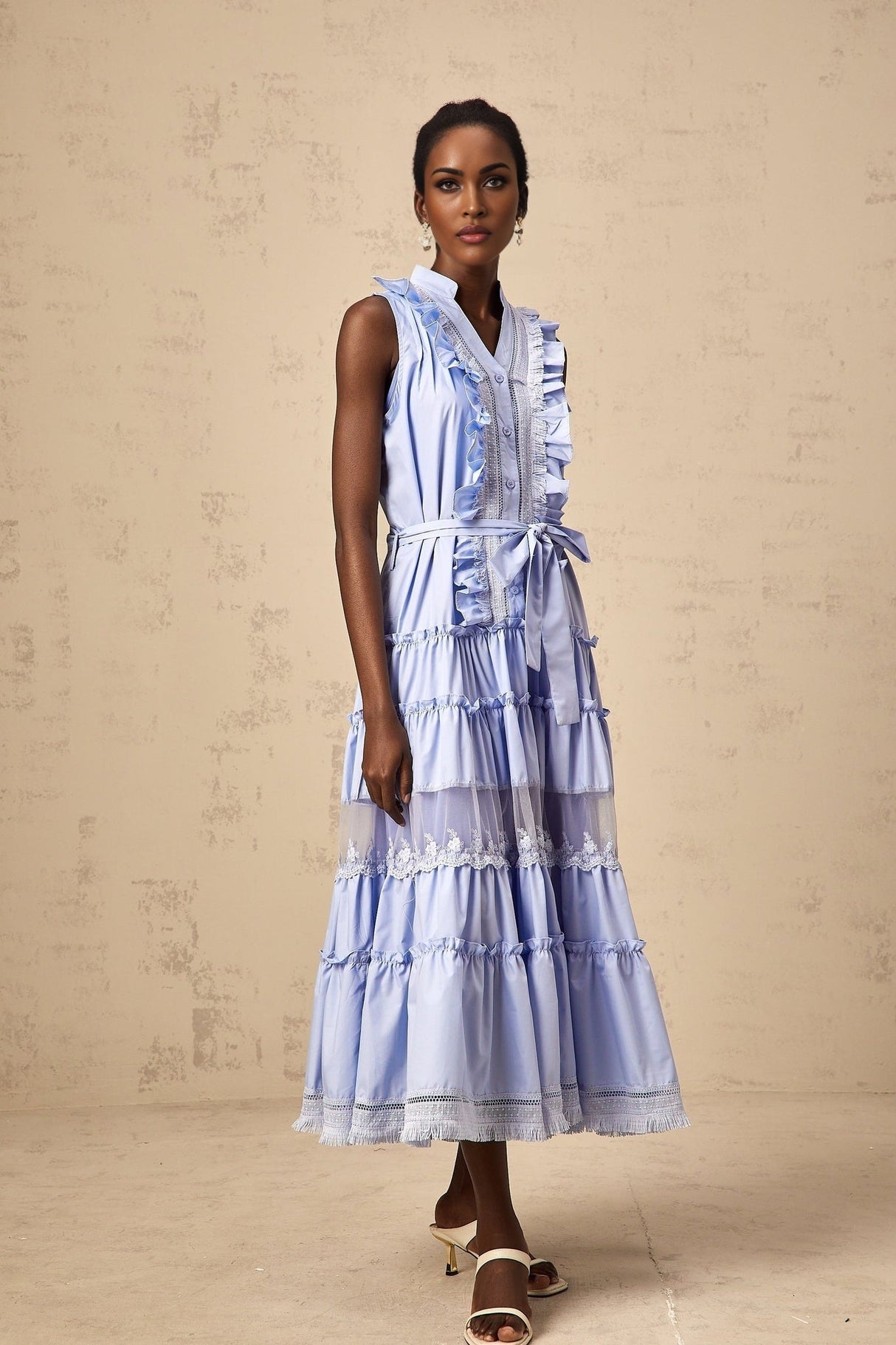 Sloan Floral Midi Dress in Vibrant Blue with Ruffled & Tiered Design