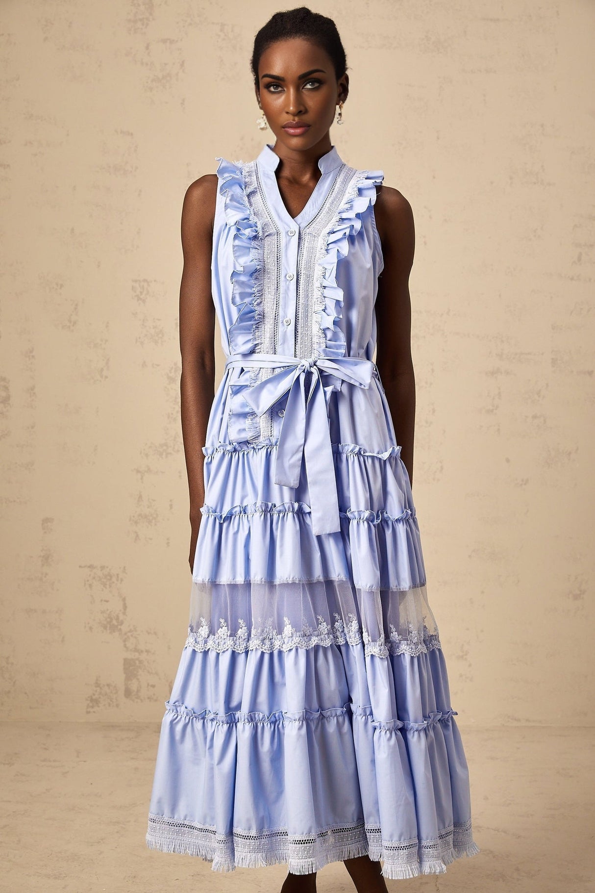 Sloan Floral Midi Dress in Vibrant Blue with Ruffled & Tiered Design