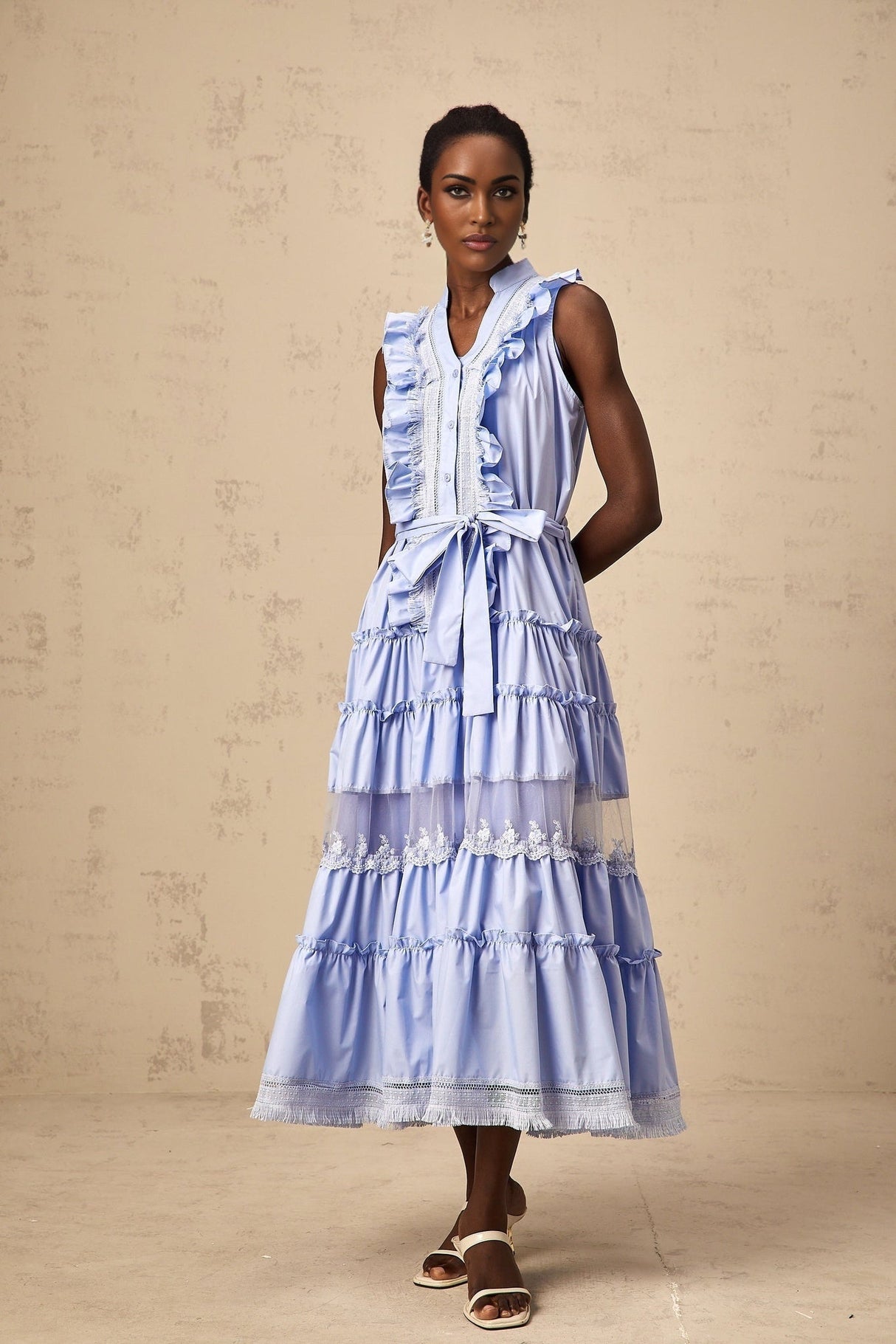 Sloan Floral Midi Dress in Vibrant Blue with Ruffled & Tiered Design