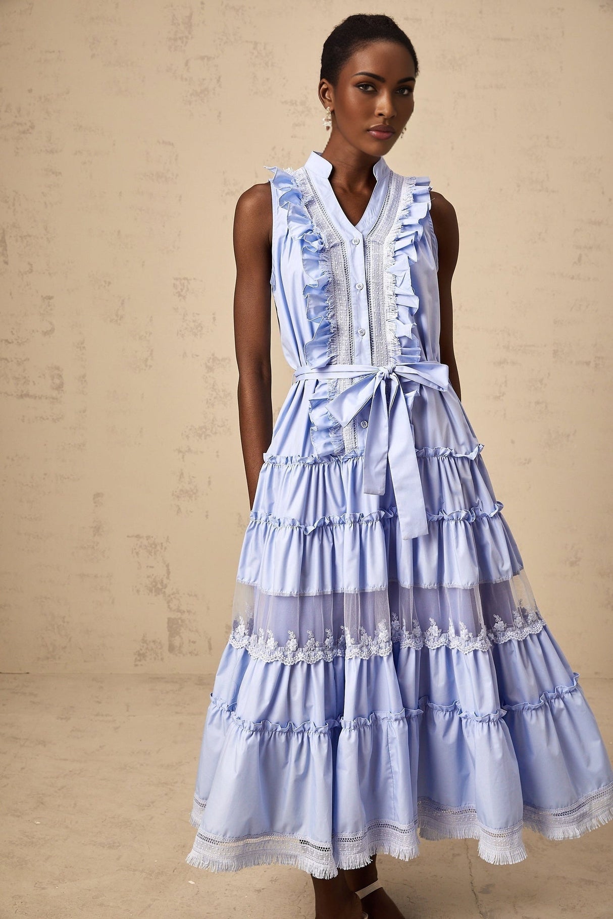 Sloan Floral Midi Dress in Vibrant Blue with Ruffled & Tiered Design