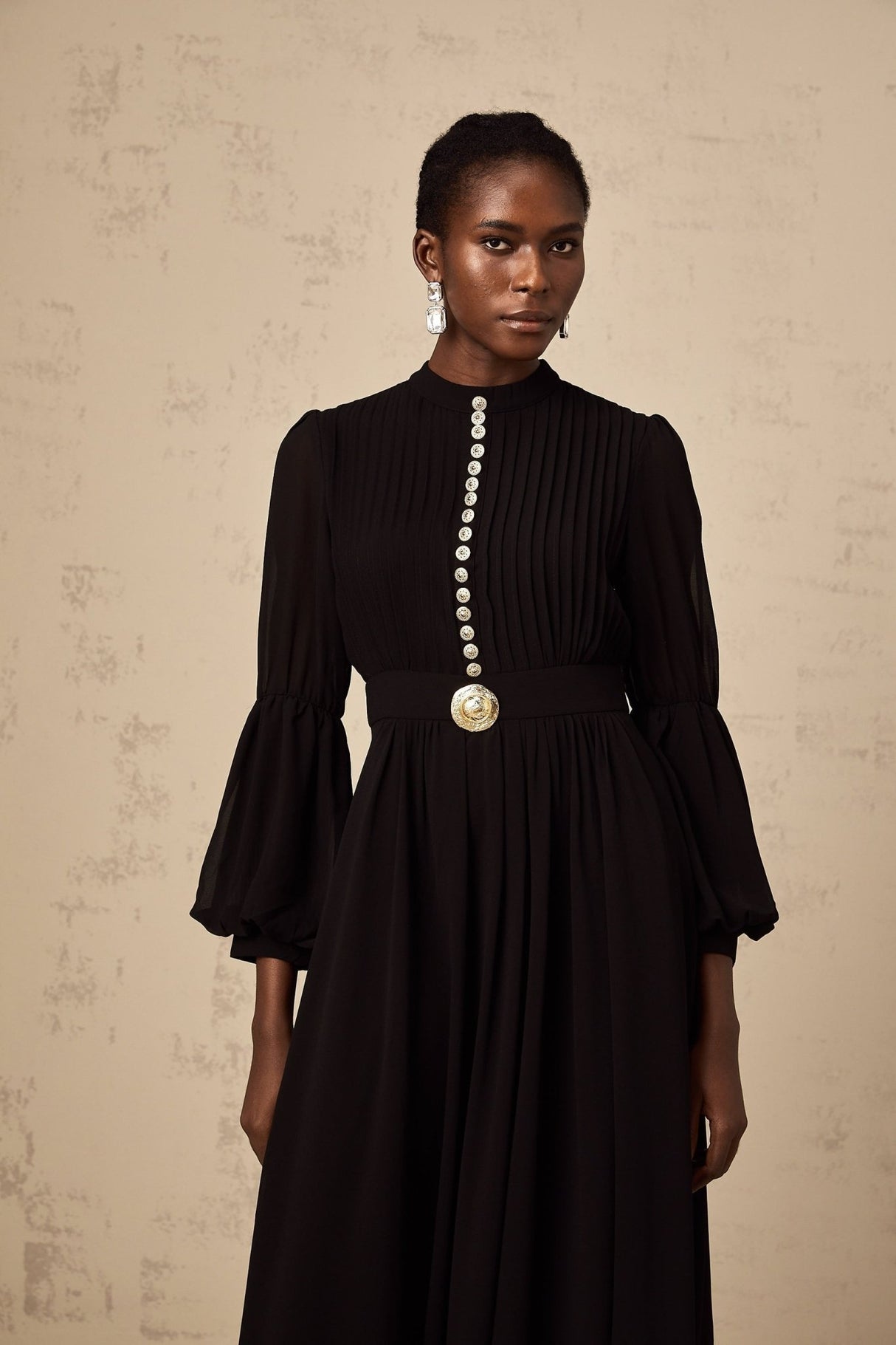 Sloan Midi Dress Black Pleated Gold Button Front Balloon Sleeves