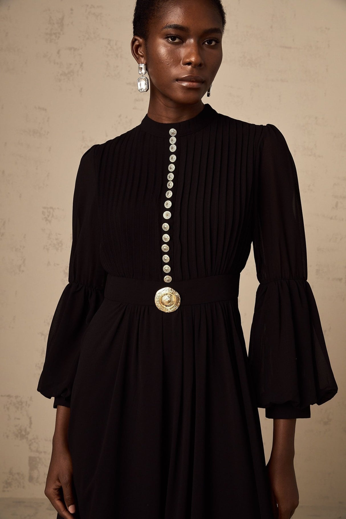 Sloan Midi Dress Black Pleated Gold Button Front Balloon Sleeves