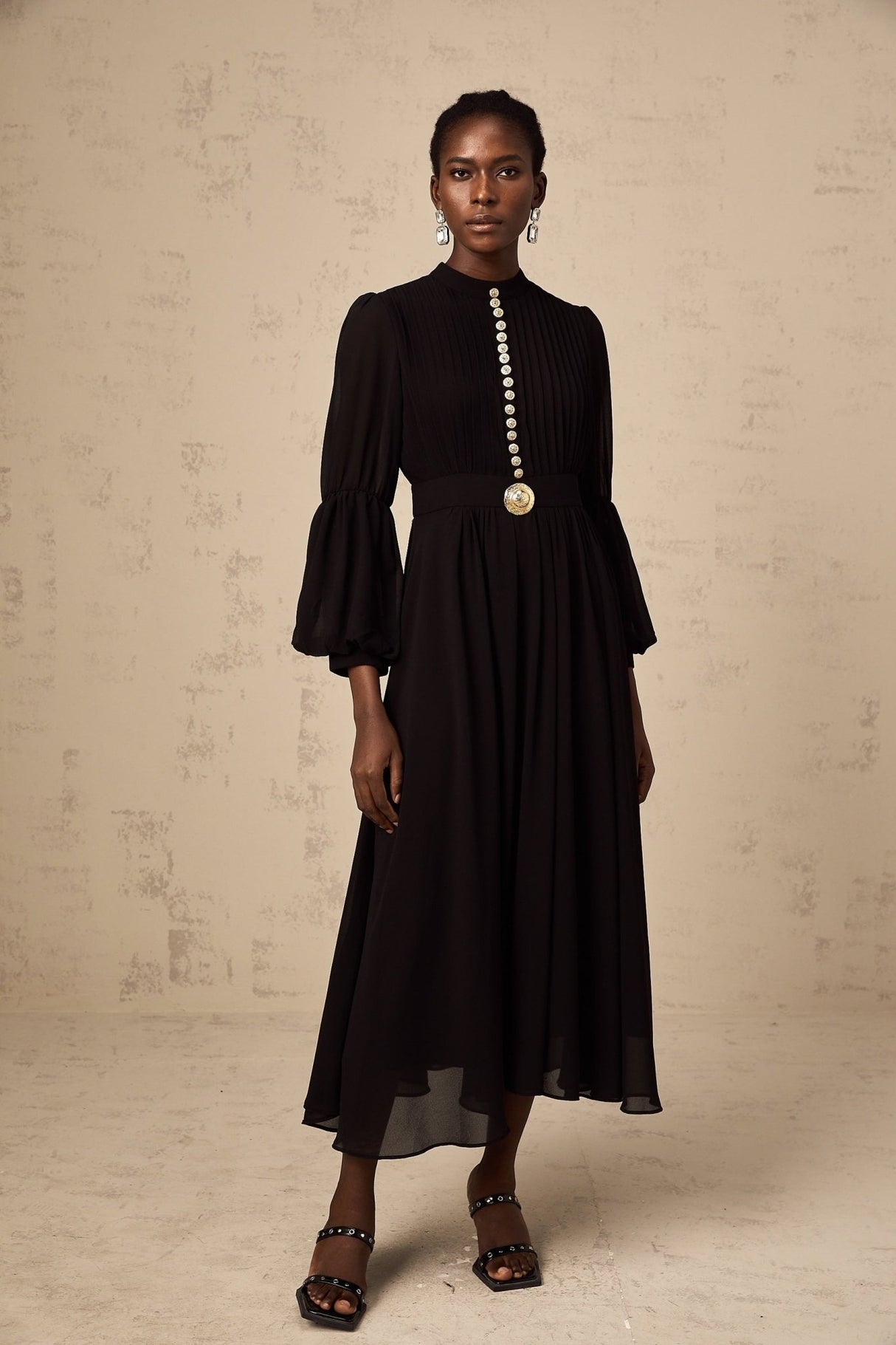 Sloan Midi Dress Black Pleated Gold Button Front Balloon Sleeves
