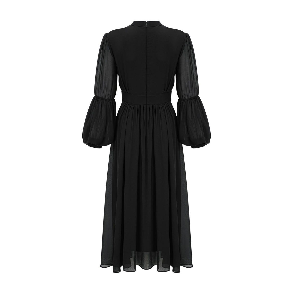 Sloan Midi Dress Black Pleated Gold Button Front Balloon Sleeves