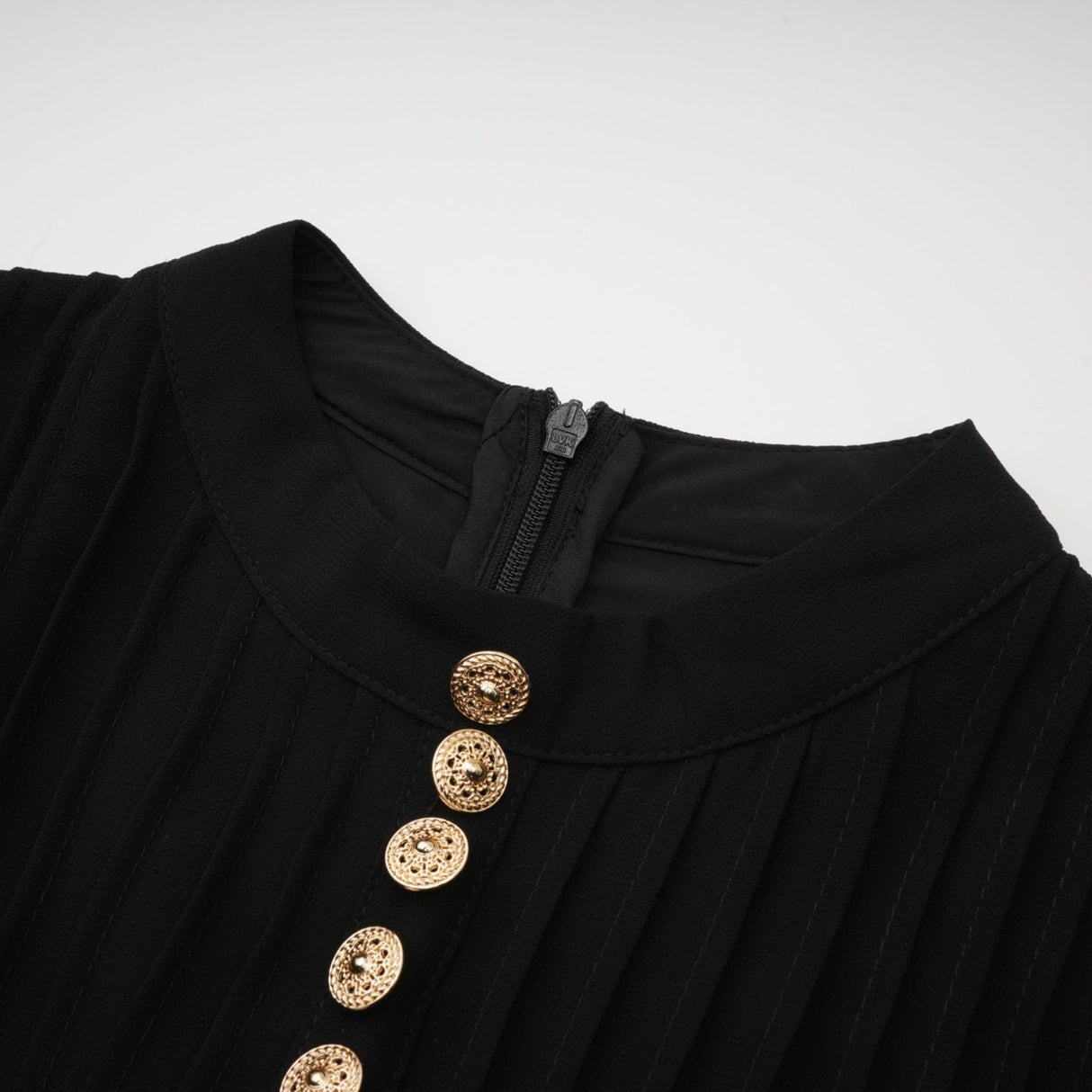 Sloan Midi Dress Black Pleated Gold Button Front Balloon Sleeves