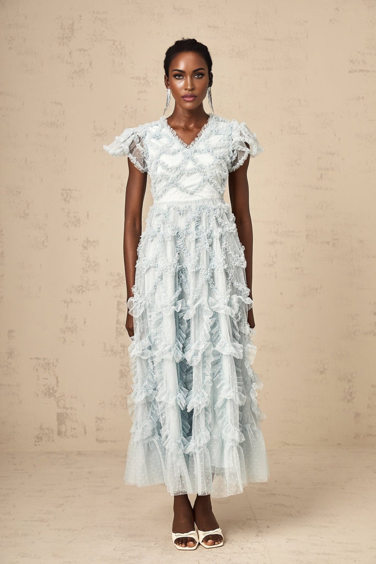 Sloan Midi Dress in Blue with Ruffled VNeck & Dot Embroidery