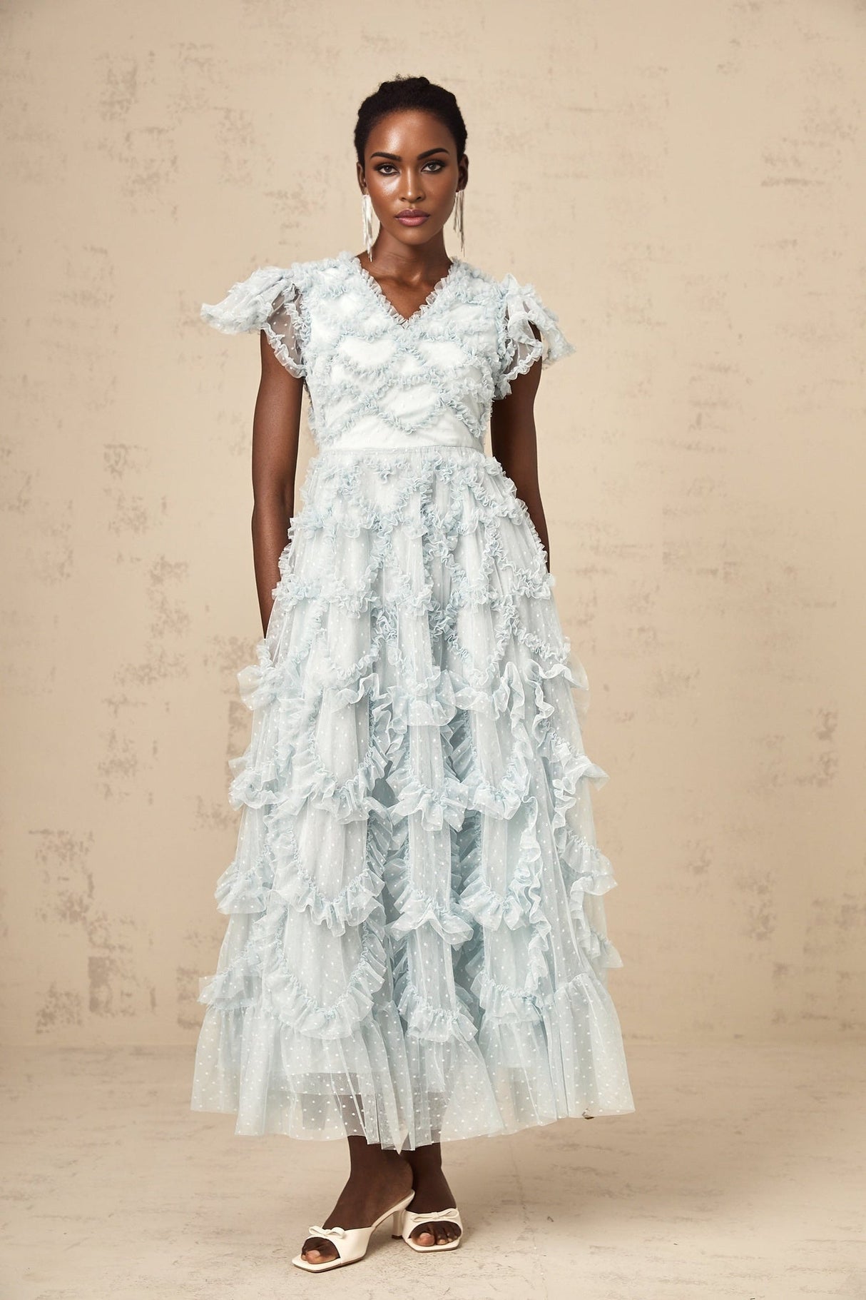 Sloan Midi Dress in Blue with Ruffled VNeck & Dot Embroidery