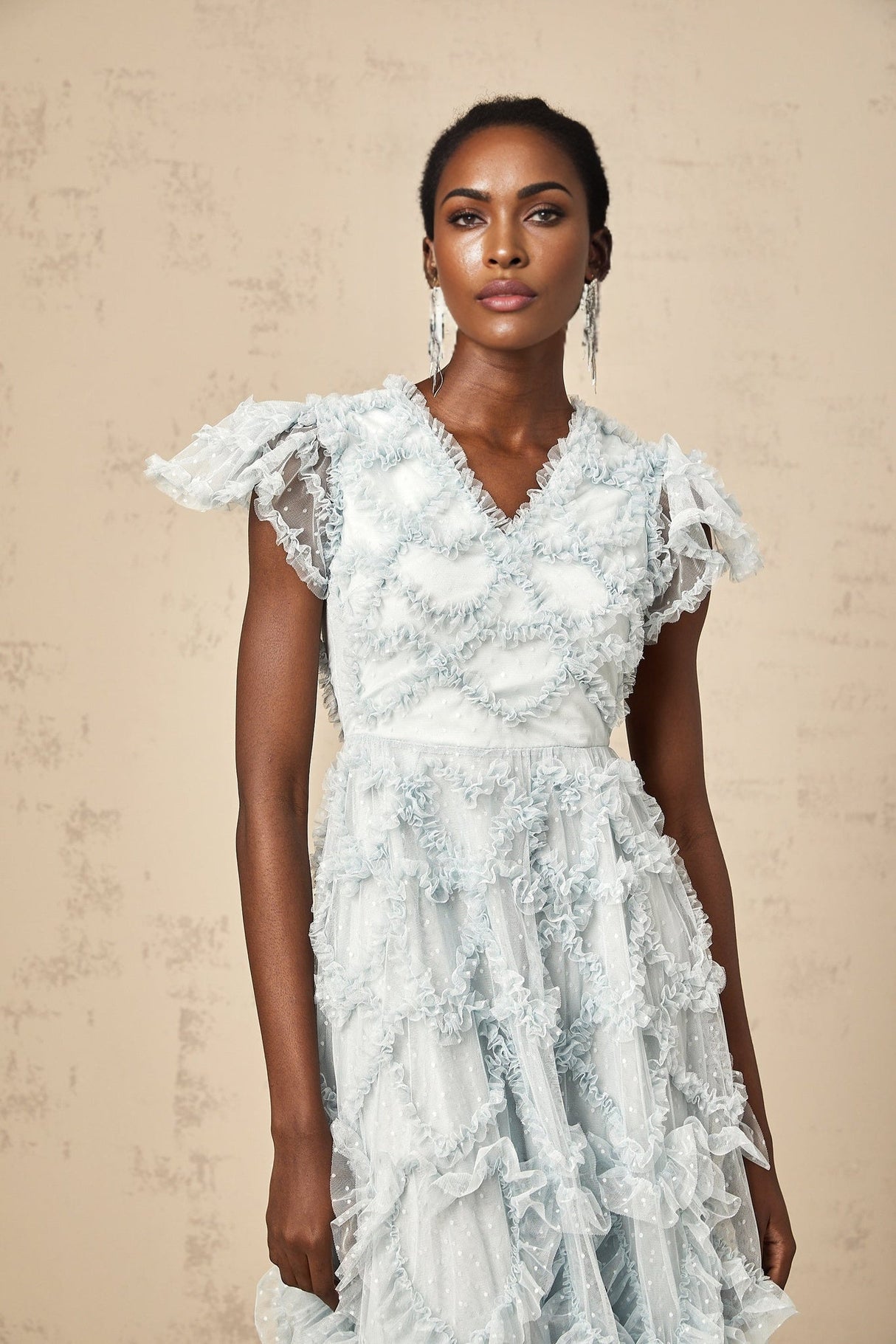 Sloan Midi Dress in Blue with Ruffled VNeck & Dot Embroidery