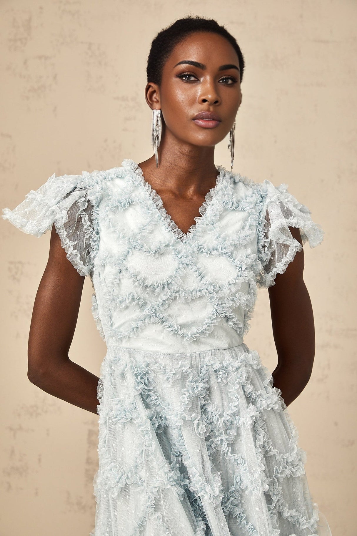 Sloan Midi Dress in Blue with Ruffled VNeck & Dot Embroidery