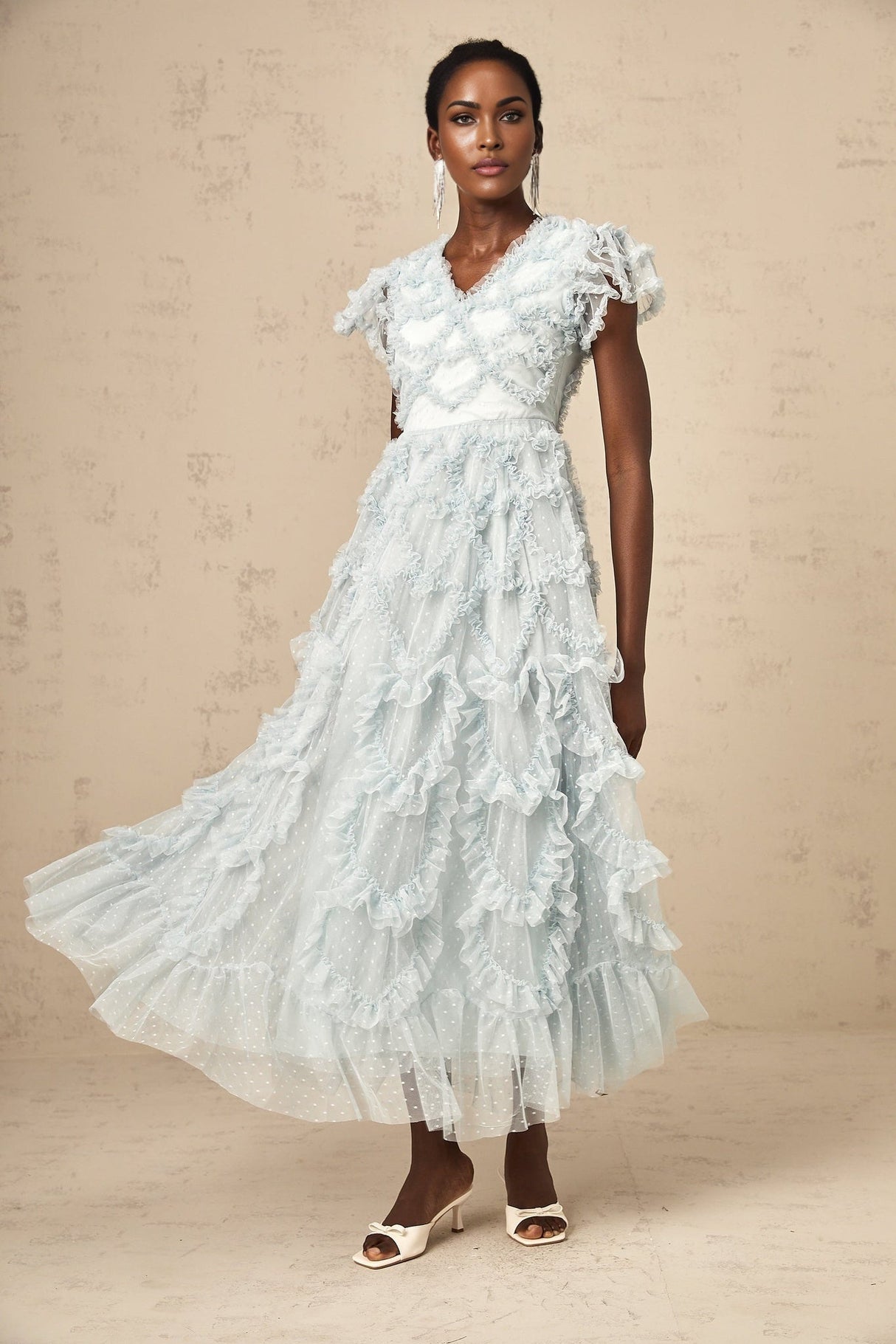 Sloan Midi Dress in Blue with Ruffled VNeck & Dot Embroidery