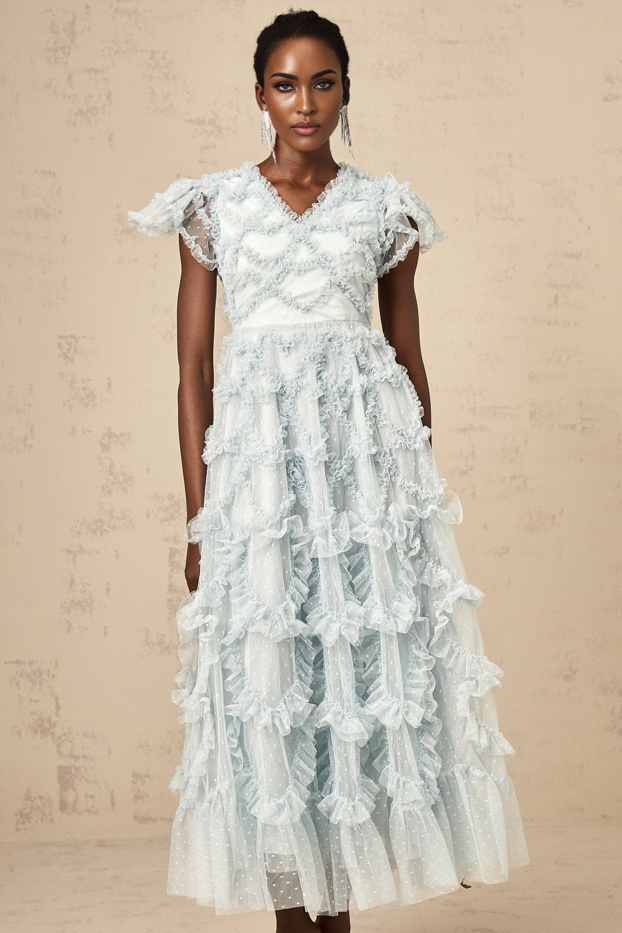 Sloan Midi Dress in Blue with Ruffled VNeck & Dot Embroidery