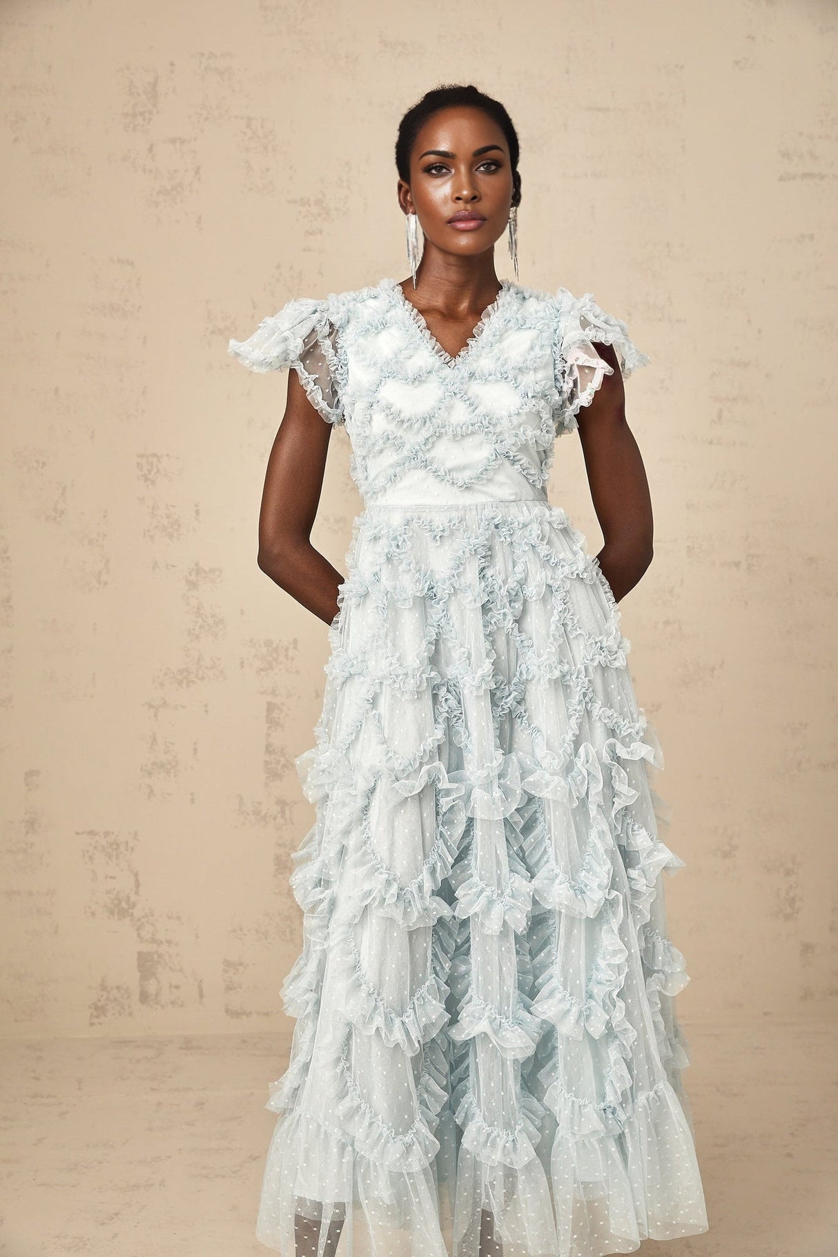 Sloan Midi Dress in Blue with Ruffled VNeck & Dot Embroidery