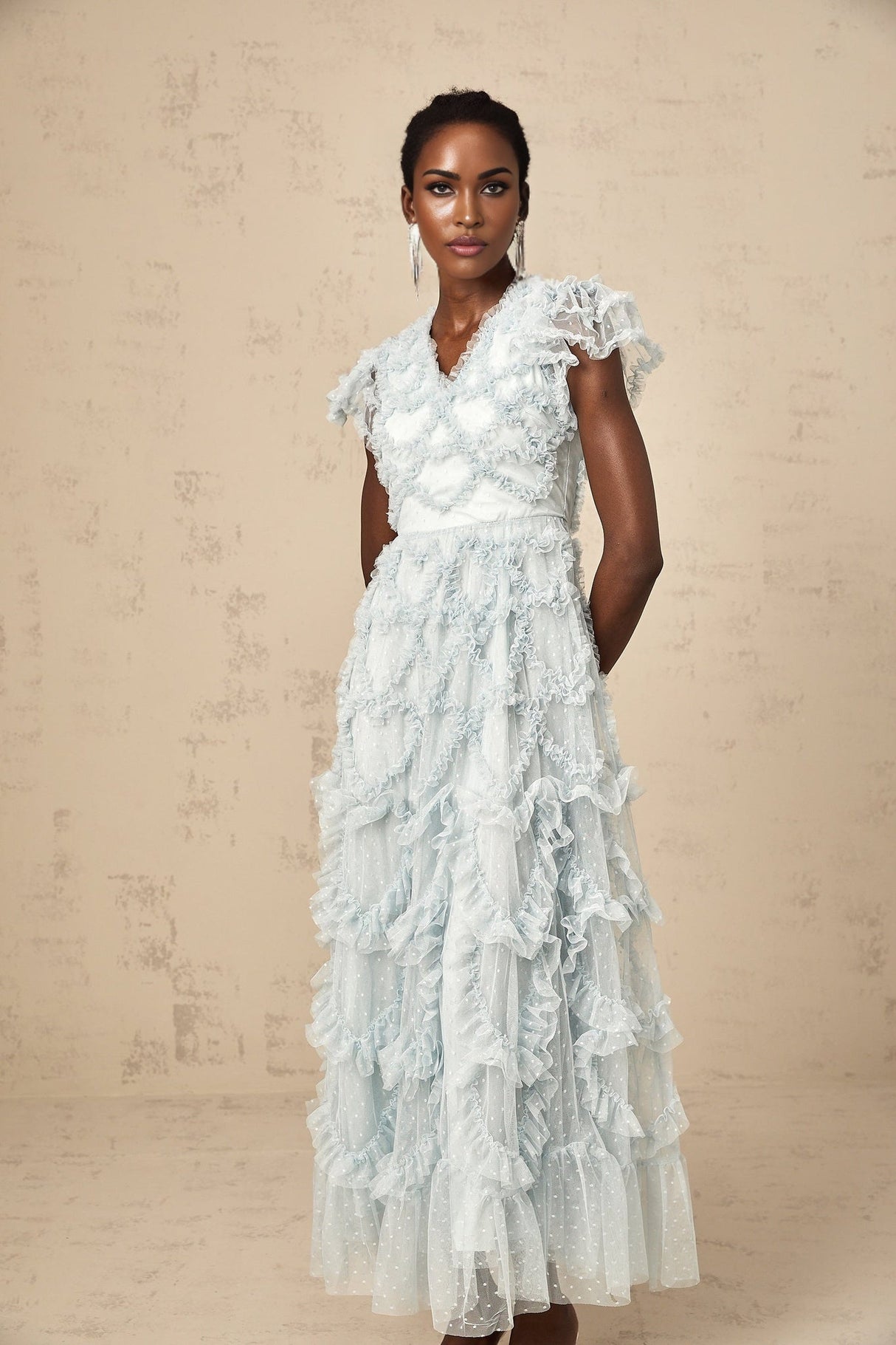 Sloan Midi Dress in Blue with Ruffled VNeck & Dot Embroidery