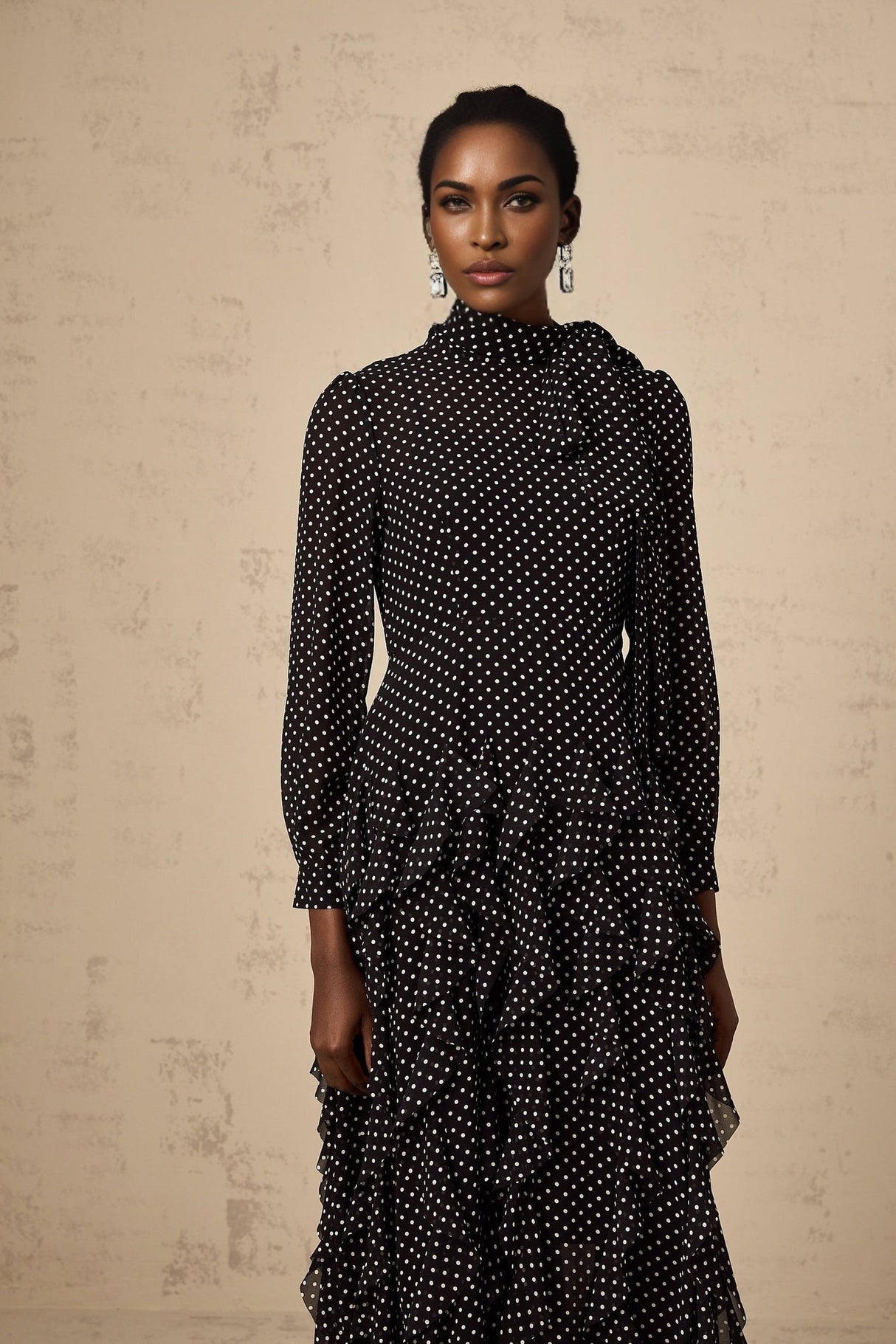 Sloan Midi Dress - Semi - Sheer Construction - Pussy - Bow Collar - Long Sleeves - Polka - Dot