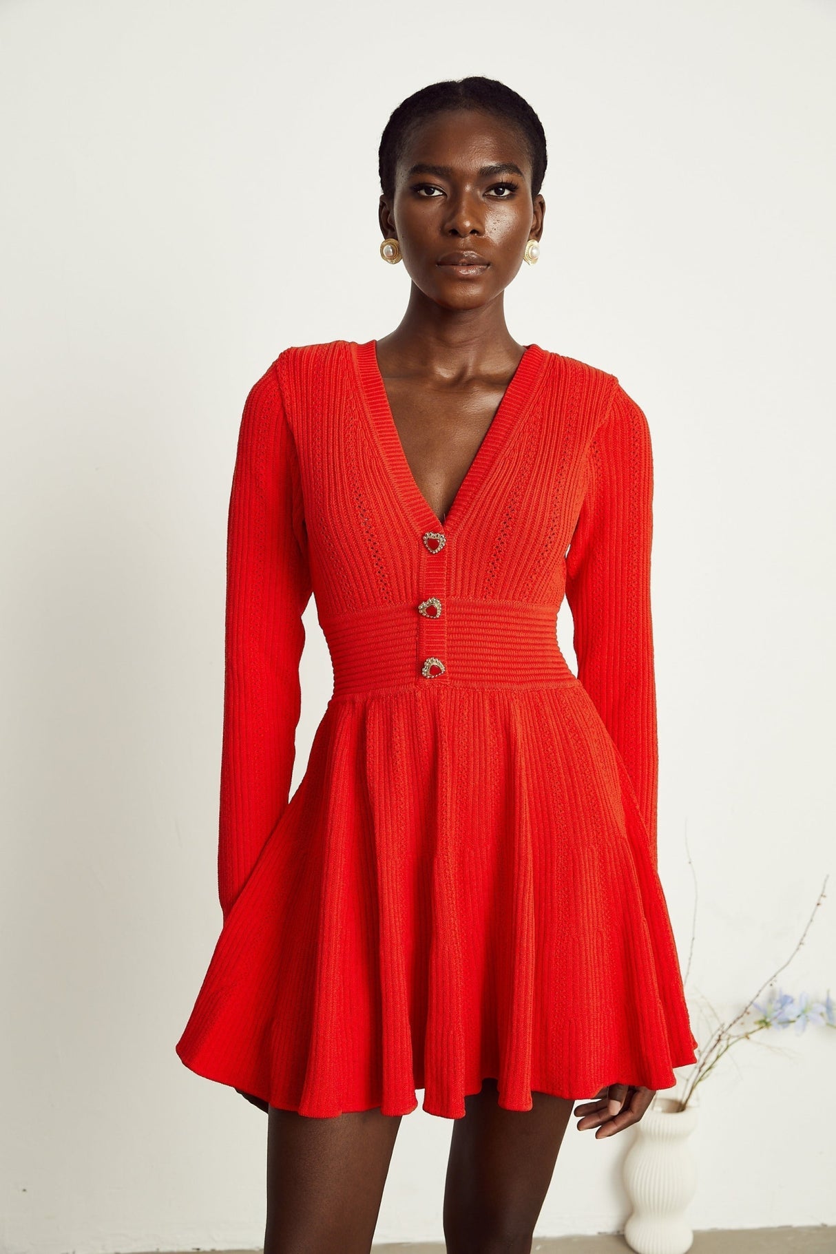 Sloan Mini Dress Red Knit Flare Crystal Heart Buttons
