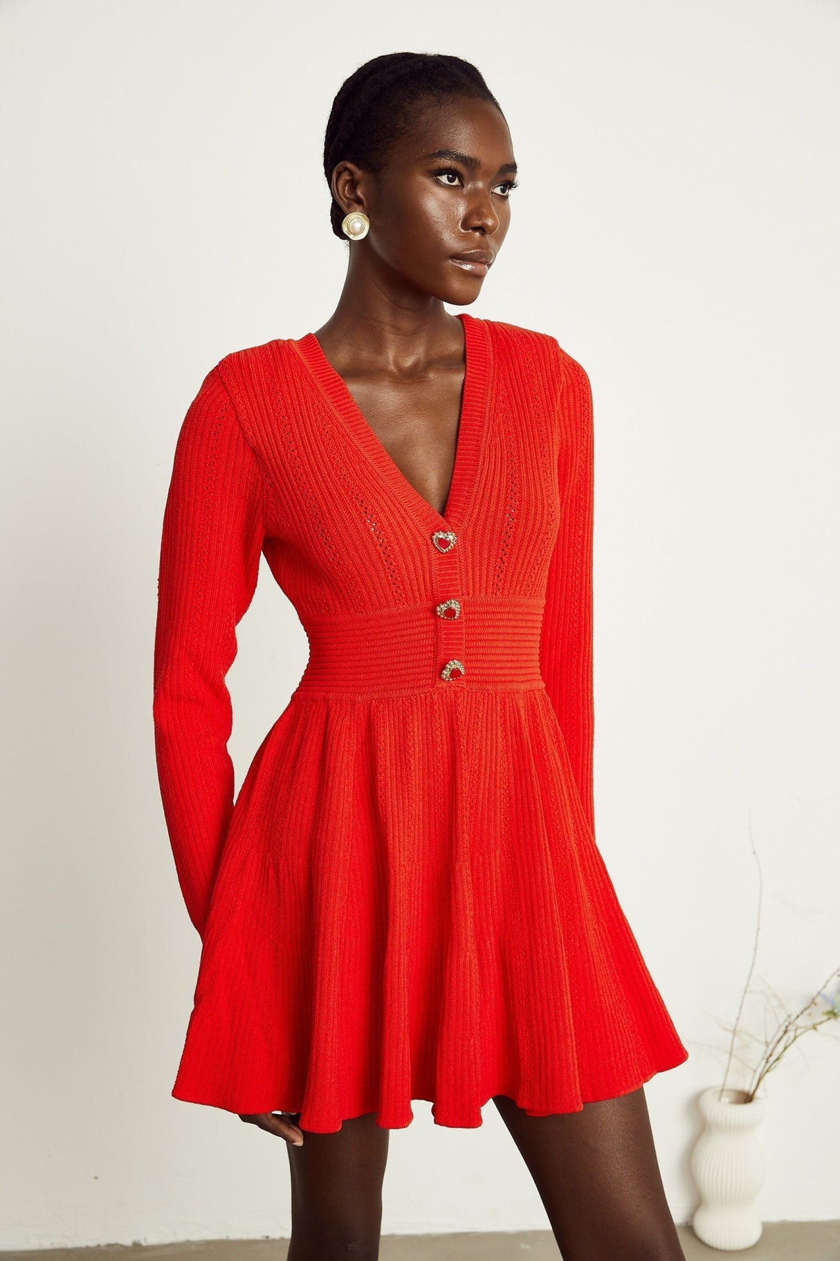 Sloan Mini Dress Red Knit Flare Crystal Heart Buttons