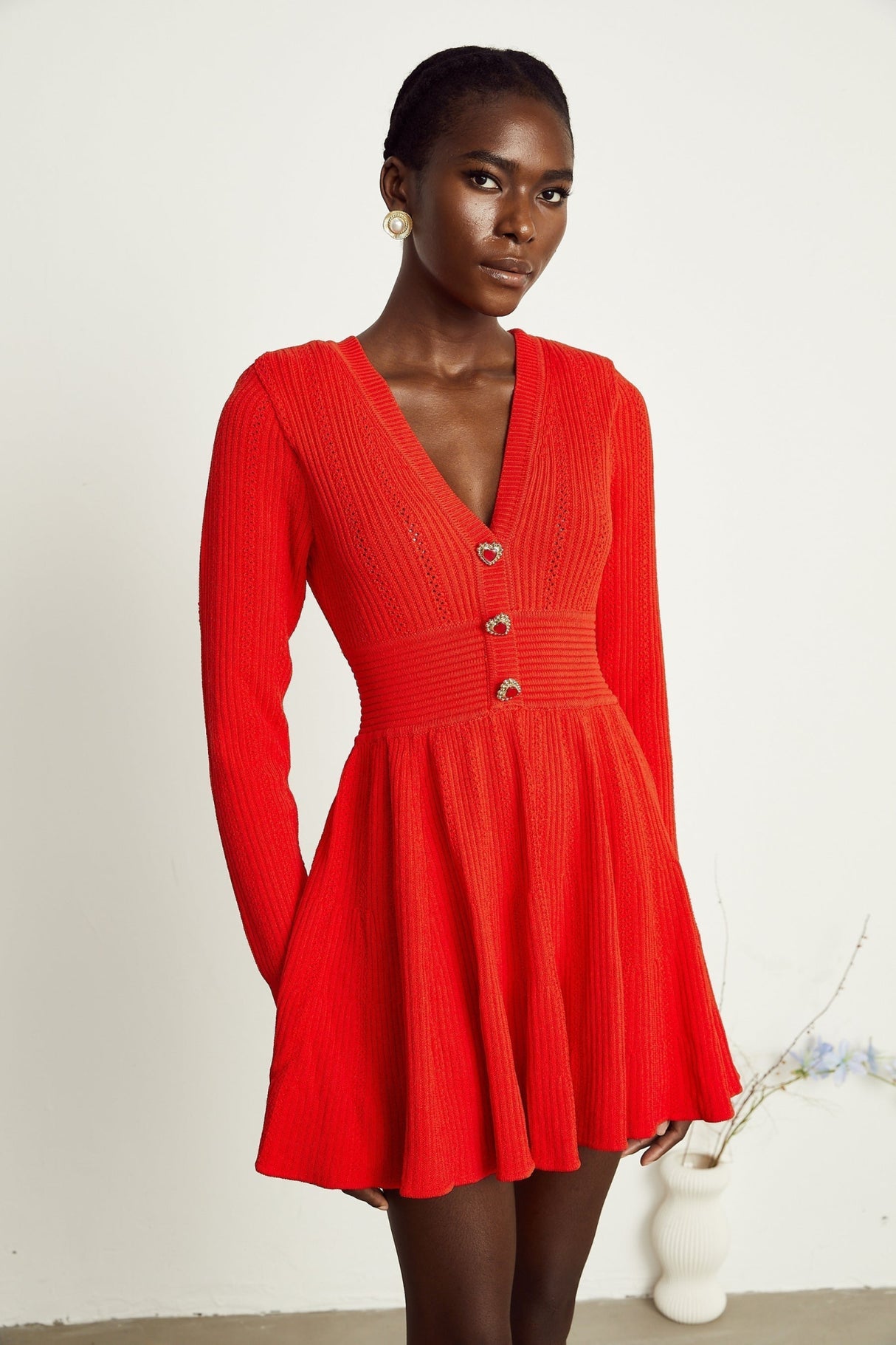 Sloan Mini Dress Red Knit Flare Crystal Heart Buttons