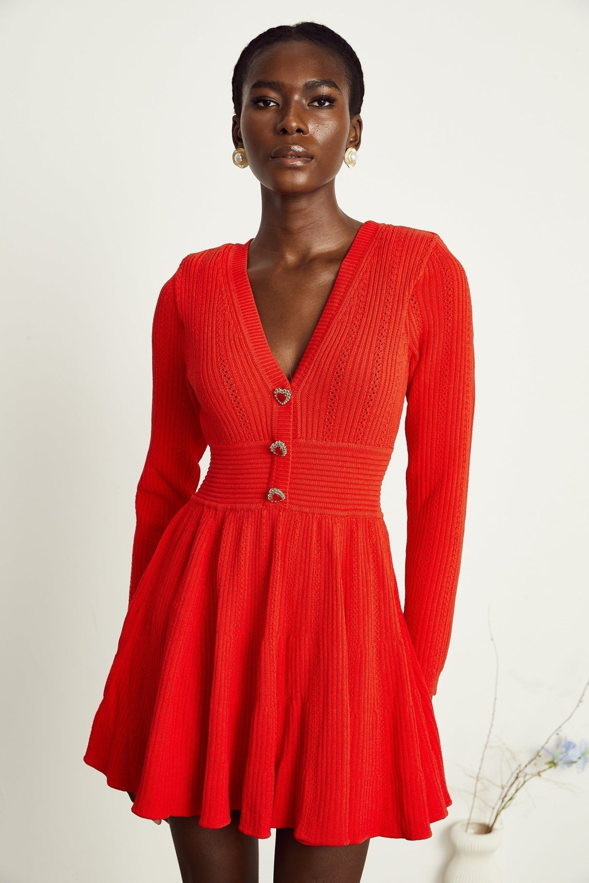 Sloan Mini Dress Red Knit Flare Crystal Heart Buttons