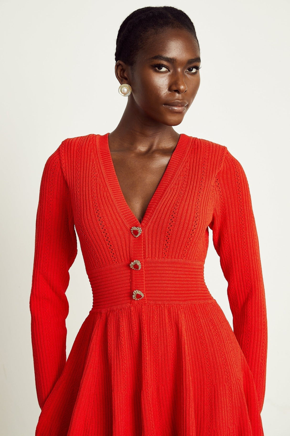 Sloan Mini Dress Red Knit Flare Crystal Heart Buttons
