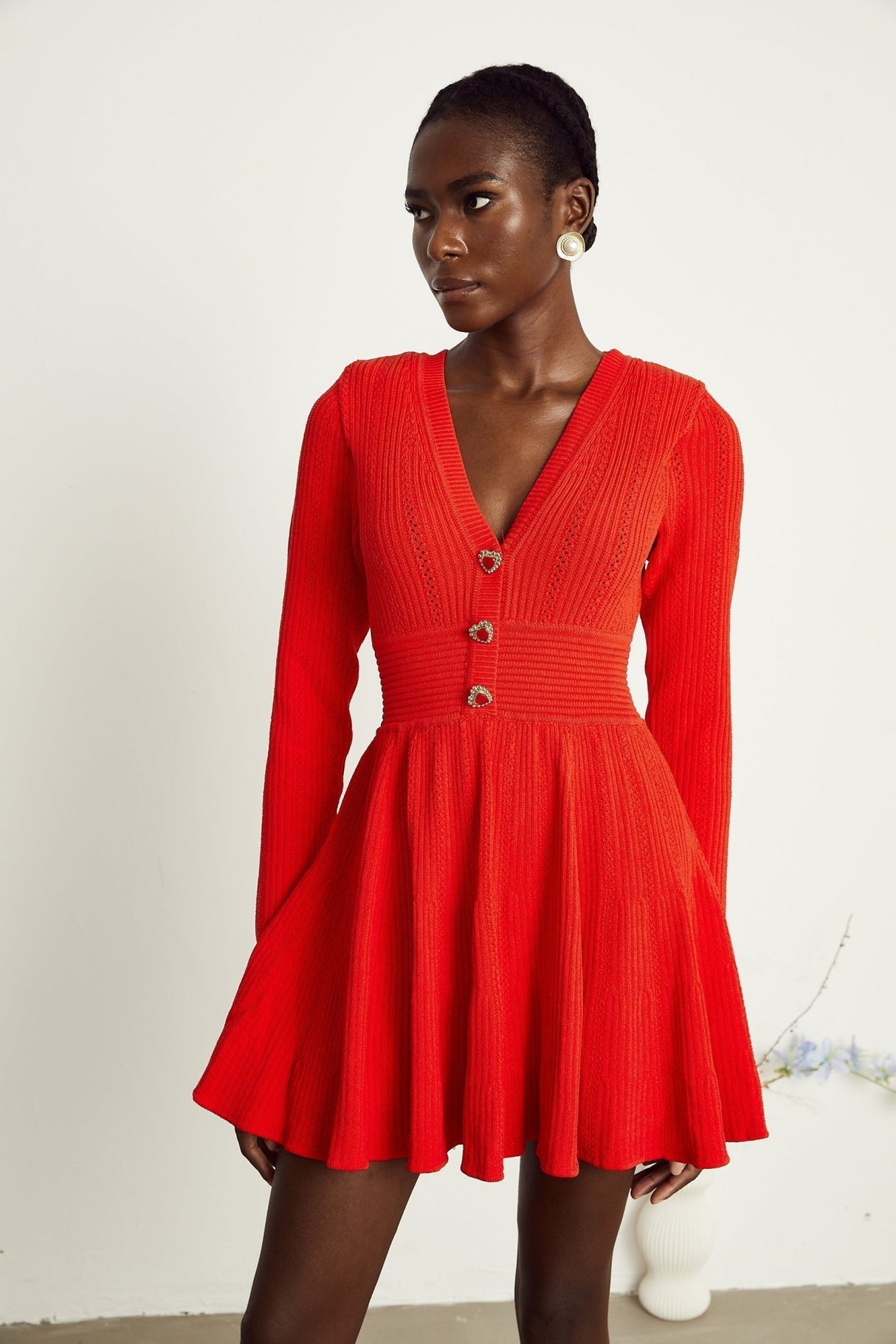 Sloan Mini Dress Red Knit Flare Crystal Heart Buttons