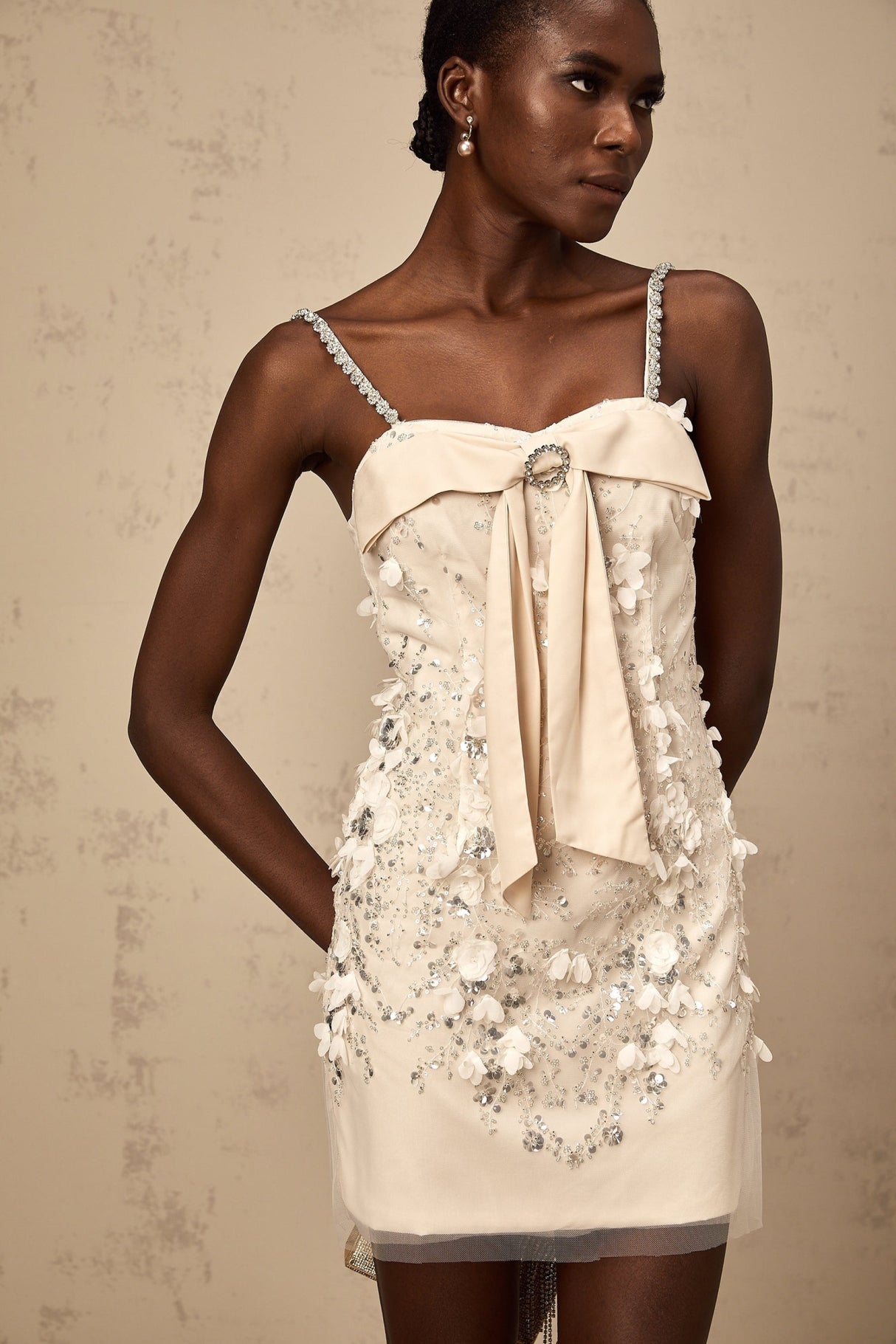 Sloan Sequin Mini Dress in Pink with Bowknot Detailing